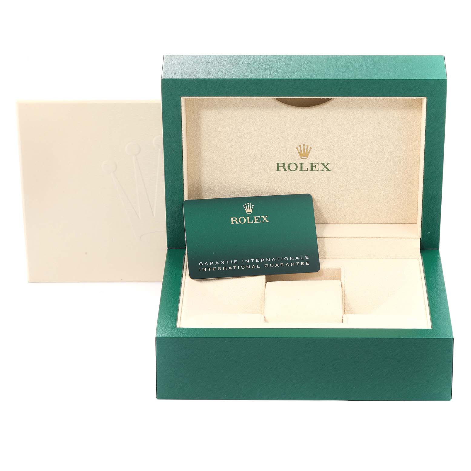The image shows an open Rolex Submariner 124060 Men
s Stainless Steel Black Dial 124060 Men
s Stainless Steel Black Dial watch box with an international guarantee card inside.