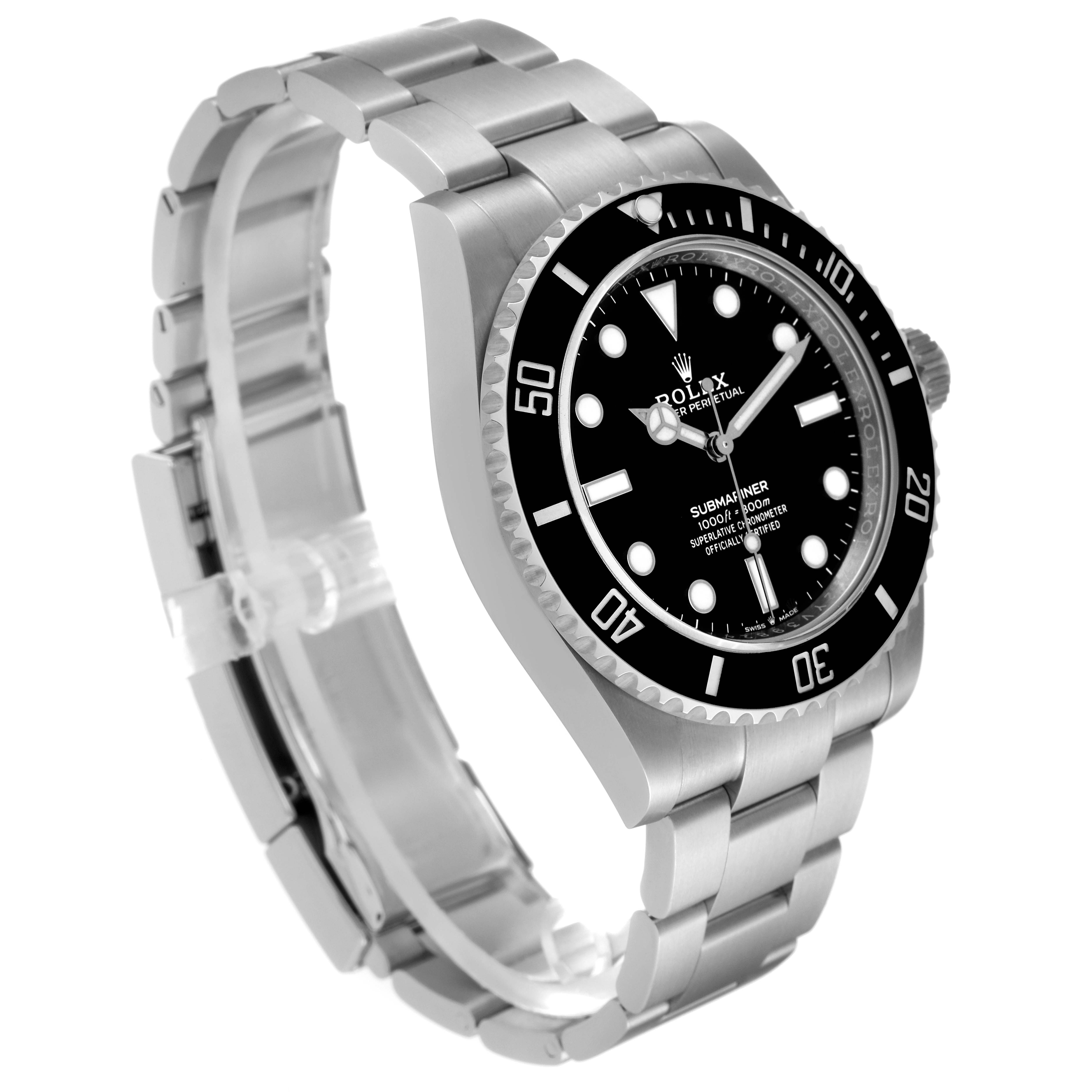 This image shows a Rolex Submariner 124060 Men
s Stainless Steel Black Dial 124060 Men
s Stainless Steel Black Dial watch from a front-side angle, highlighting its bezel, dial, case, and bracelet.