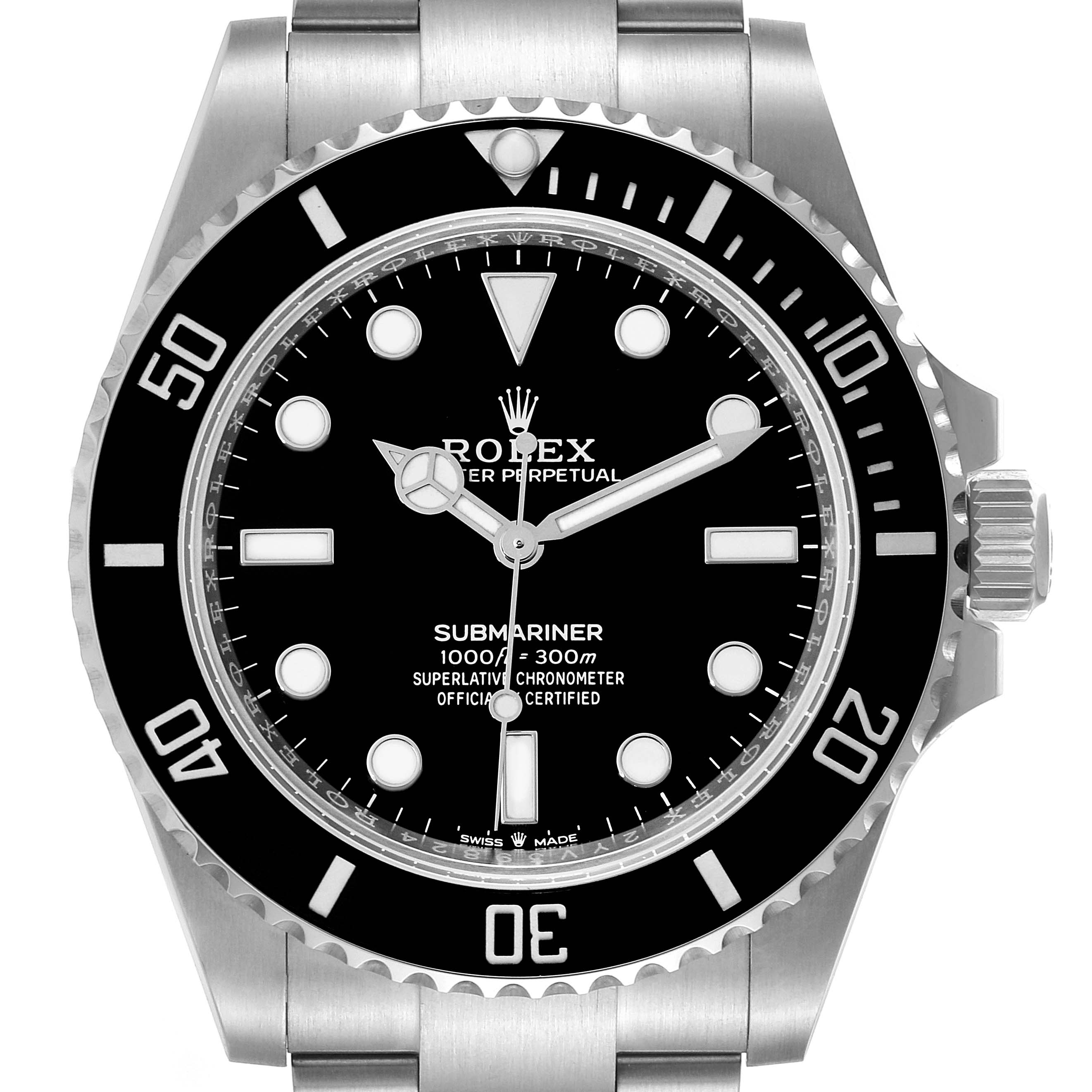 The image shows a front view of the Rolex Submariner 124060 Men
s Stainless Steel Black Dial 124060 Men
s Stainless Steel Black Dial watch featuring the dial, bezel, crown, and part of the bracelet.