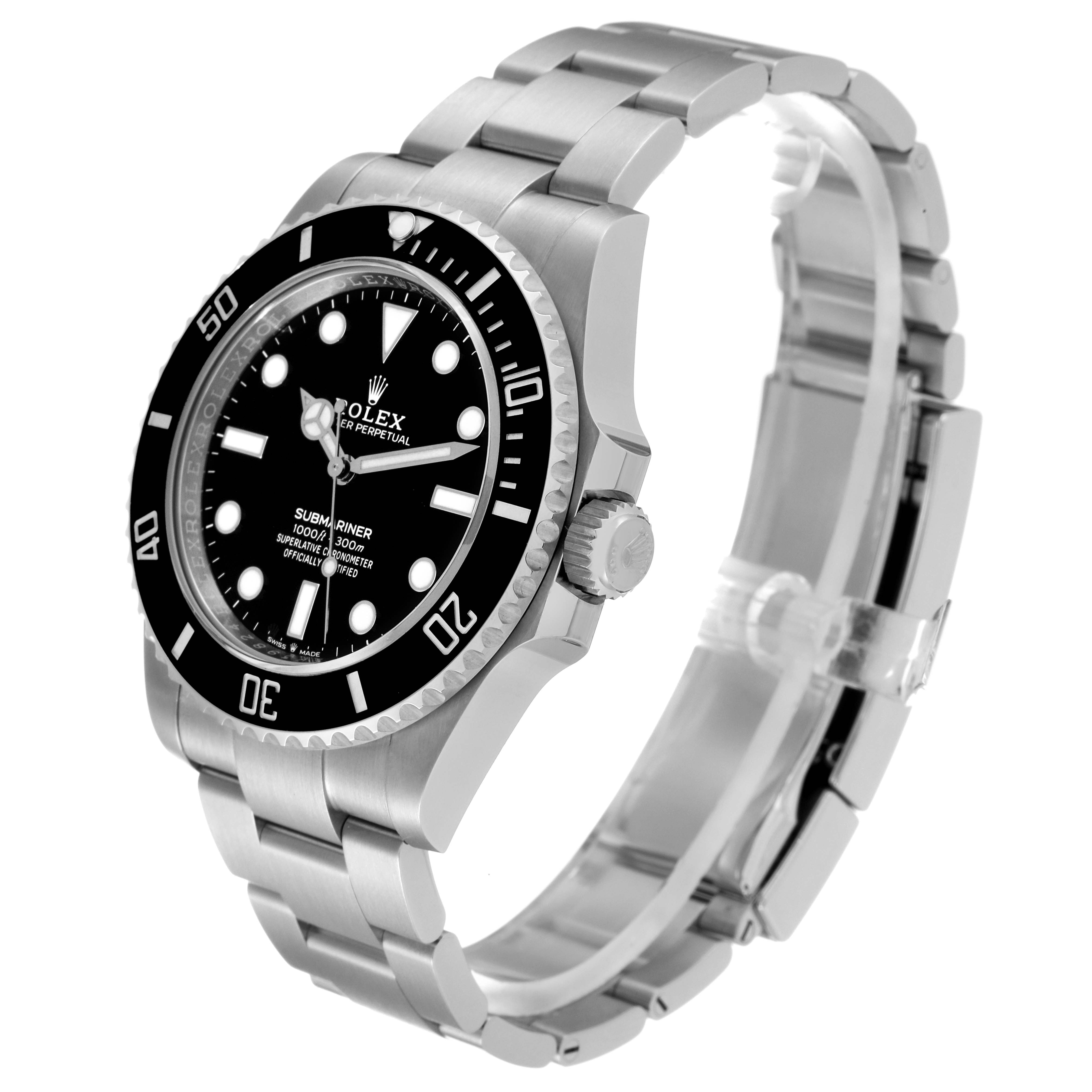 The image shows a side-angle view of the Rolex Submariner 124060 Men
s Stainless Steel Black Dial 124060 Men
s Stainless Steel Black Dial watch, showcasing the face, bezel, crown, and bracelet.
