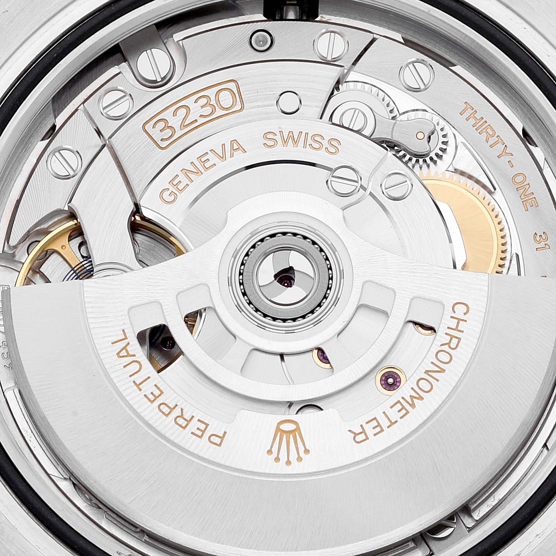 This image shows a close-up view of the movement mechanism inside the Rolex Submariner 124060 Men
s Stainless Steel Black Dial 124060 Men
s Stainless Steel Black Dial watch, highlighting the rotor and various gears.