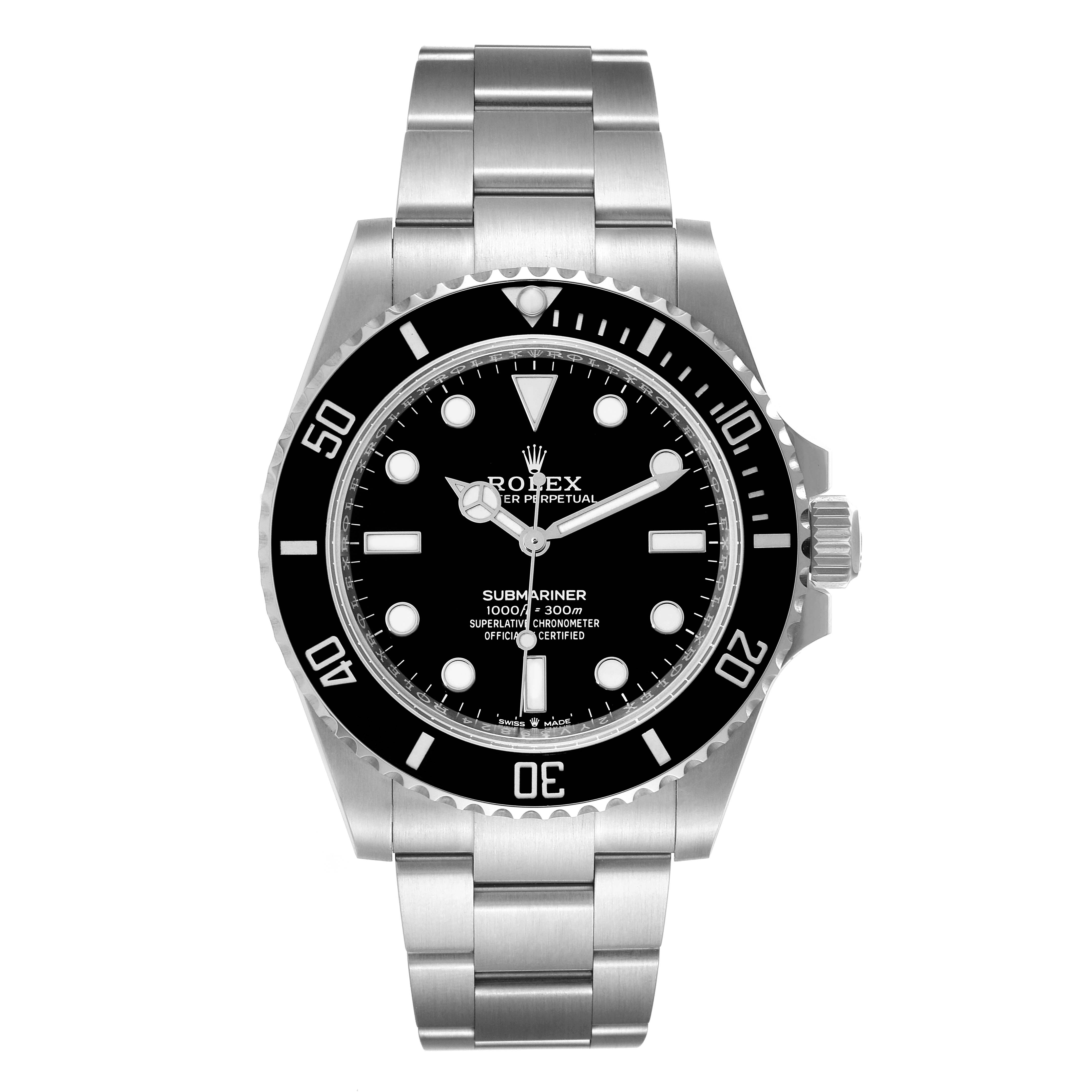 The image shows a front view of the Rolex Submariner 124060 Men
s Stainless Steel Black Dial 124060 Men
s Stainless Steel Black Dial watch, displaying the face, bezel, and bracelet.