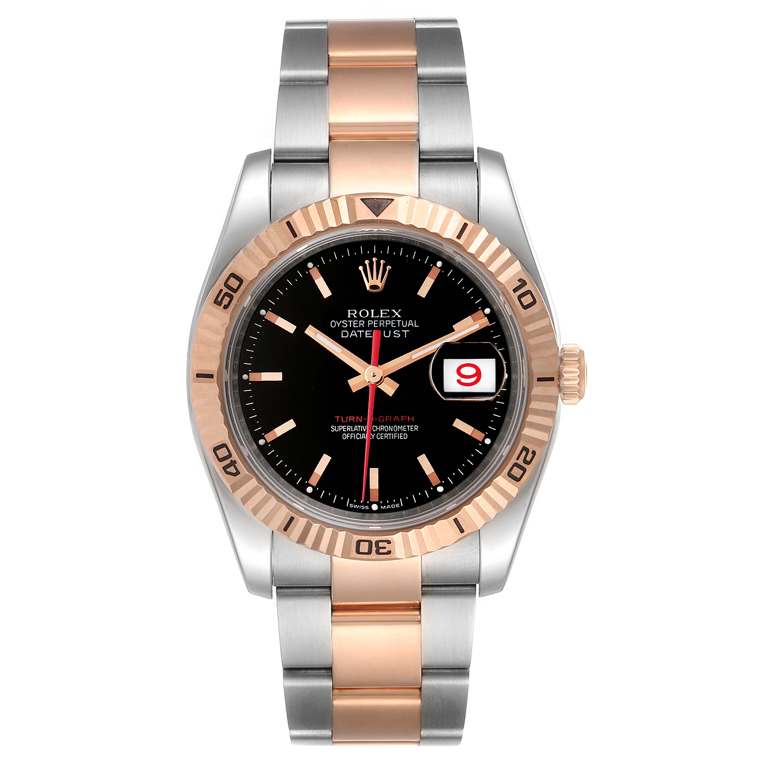 The Rolex Turn-o-Graph 116261 Men
s Steel and Gold (two tone) Black Dial 116261 Men
s Steel and Gold (two tone) Black Dial watch is shown from a straight-on angle, displaying the entire face, bezel, and bracelet.