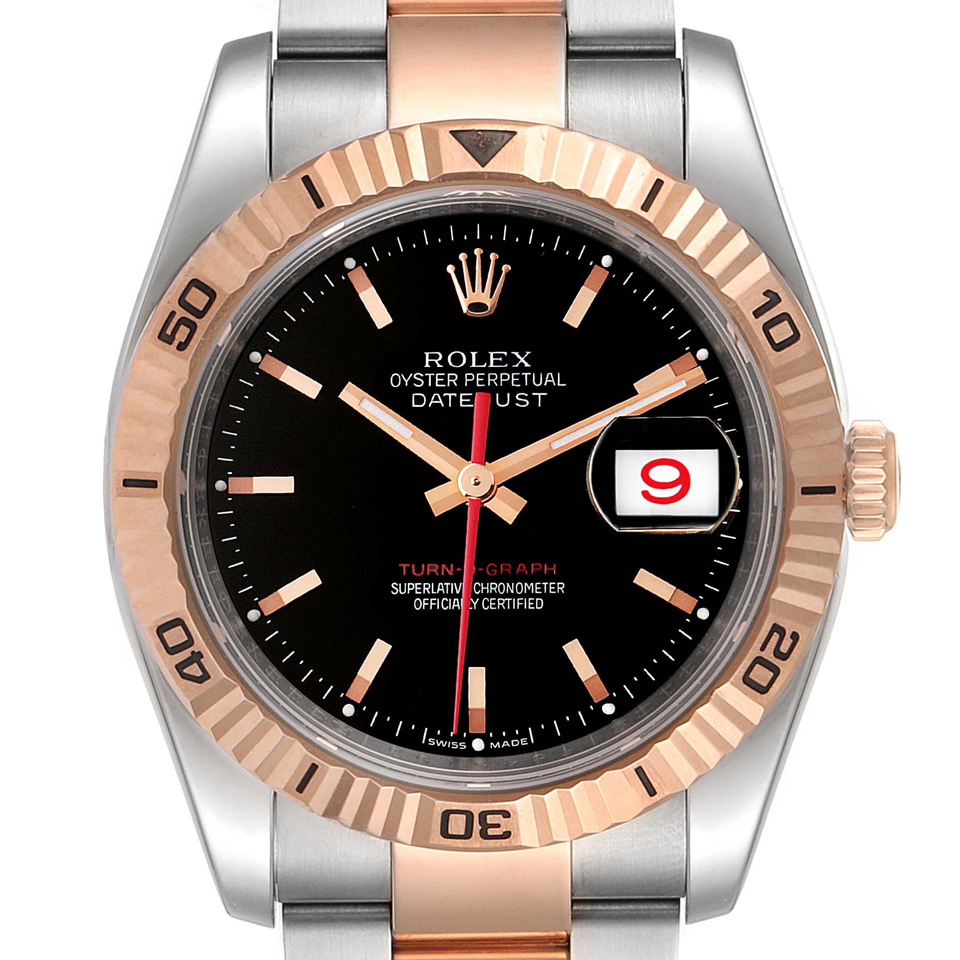 The image shows a front view of a Rolex Turn-o-Graph 116261 Men
s Steel and Gold (two tone) Black Dial 116261 Men
s Steel and Gold (two tone) Black Dial watch, highlighting the dial, bezel, hands, date window, and part of the bracelet.