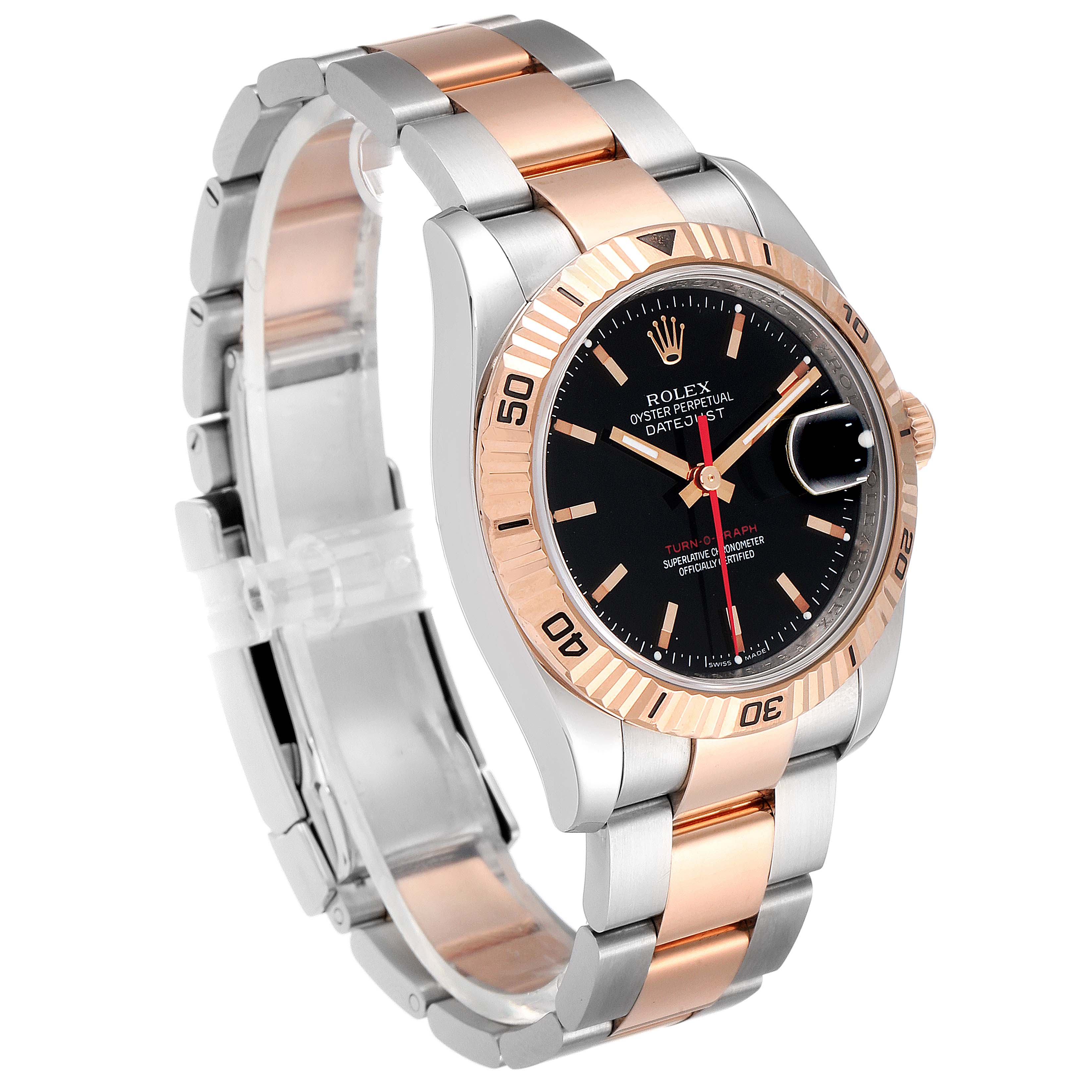 The image shows a side-angle view of a Rolex Turn-o-Graph 116261 Men
s Steel and Gold (two tone) Black Dial 116261 Men
s Steel and Gold (two tone) Black Dial watch, highlighting its two-tone bracelet and bezel.