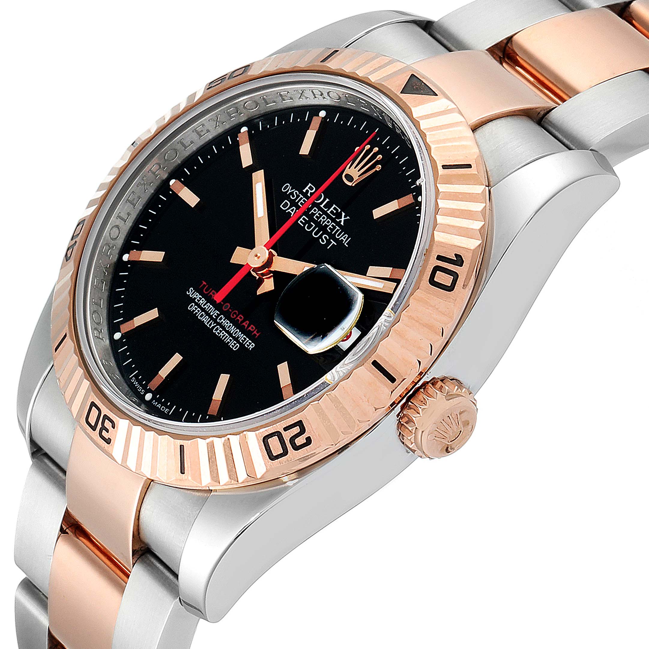 This image shows a Rolex Turn-o-Graph 116261 Men
s Steel and Gold (two tone) Black Dial 116261 Men
s Steel and Gold (two tone) Black Dial watch from an angled side view, highlighting the bezel, watch face, and part of the bracelet.