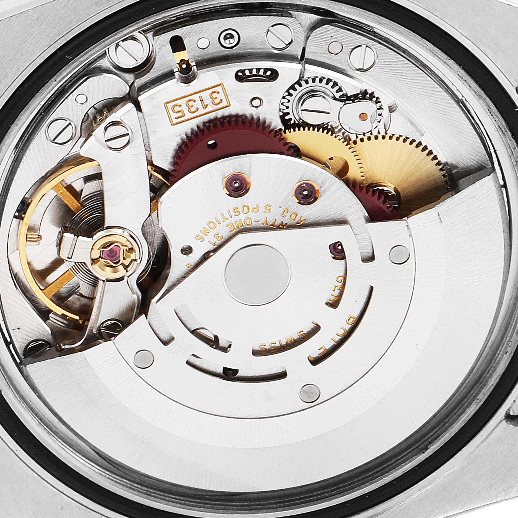 This image shows the internal movement mechanism of a Rolex Turn-o-Graph 116261 Men
s Steel and Gold (two tone) Black Dial 116261 Men
s Steel and Gold (two tone) Black Dial watch from a top-down angle.
