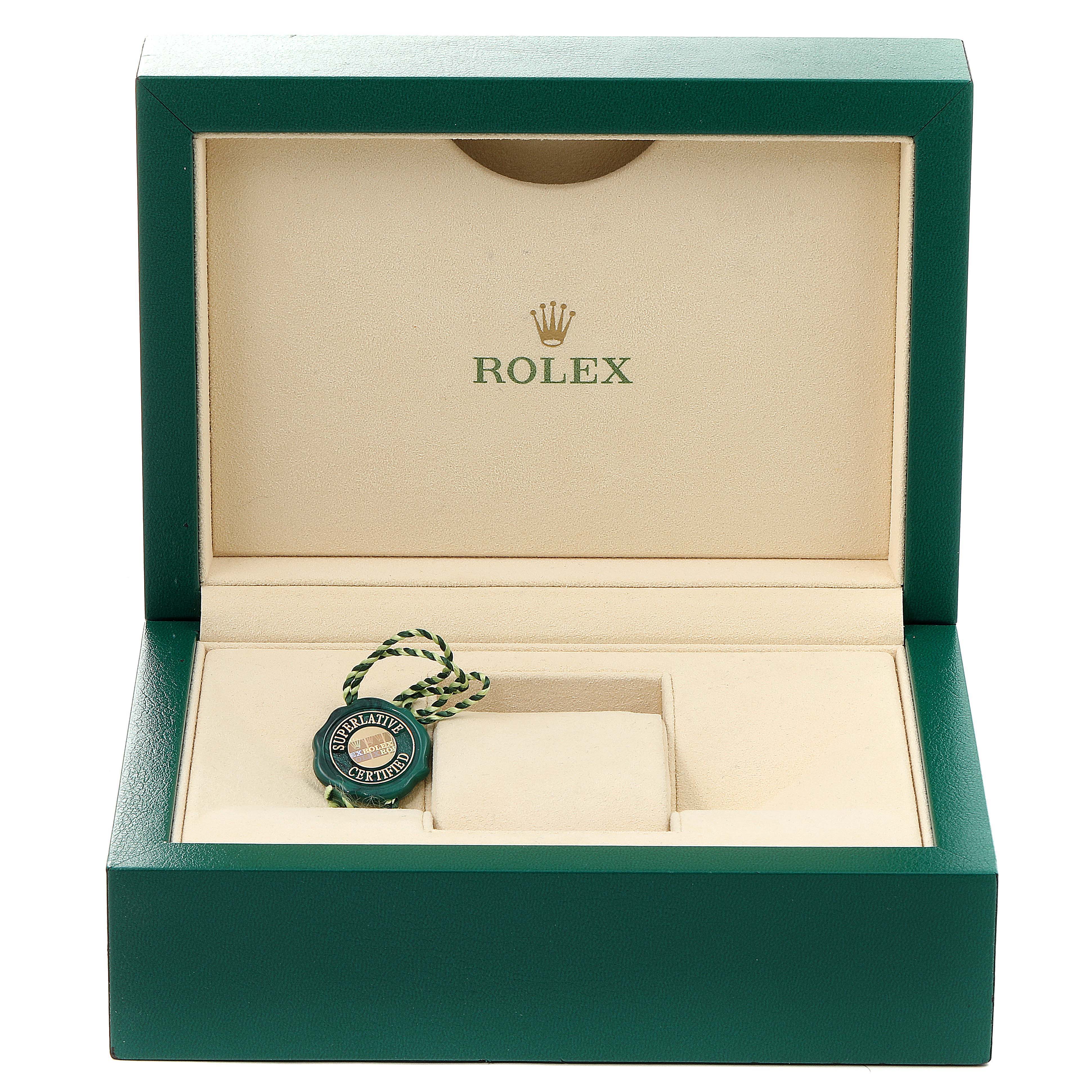 The image displays an open Rolex box for the Turn-o-Graph model, with an empty watch slot and a certification tag inside.