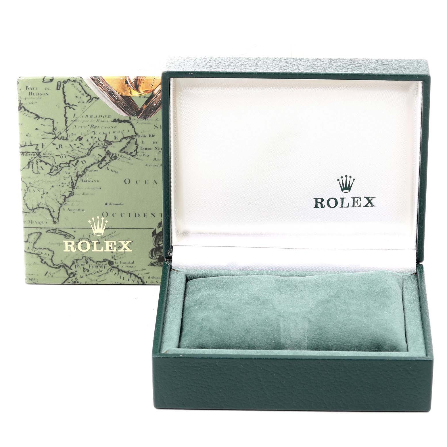 This image shows an open Rolex Yacht-Master 69623 Women's Steel and Gold (two tone) White Dial 69623 Women's Steel and Gold (two tone) White Dial watch box and its outer packaging from a front angle.