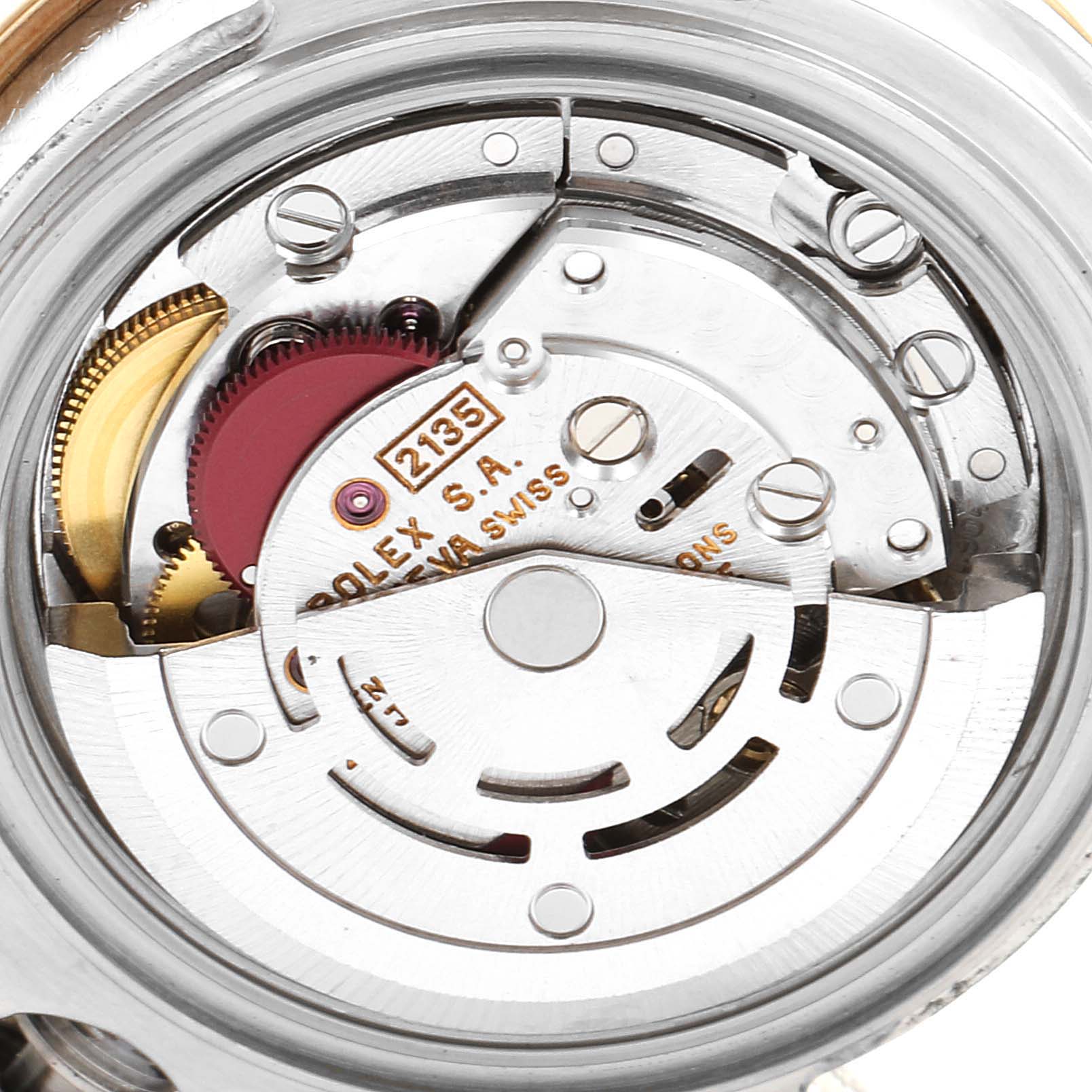 The image shows the intricate internal movement of a Rolex Yacht-Master 69623 Women's Steel and Gold (two tone) White Dial 69623 Women's Steel and Gold (two tone) White Dial watch, viewed from the back.