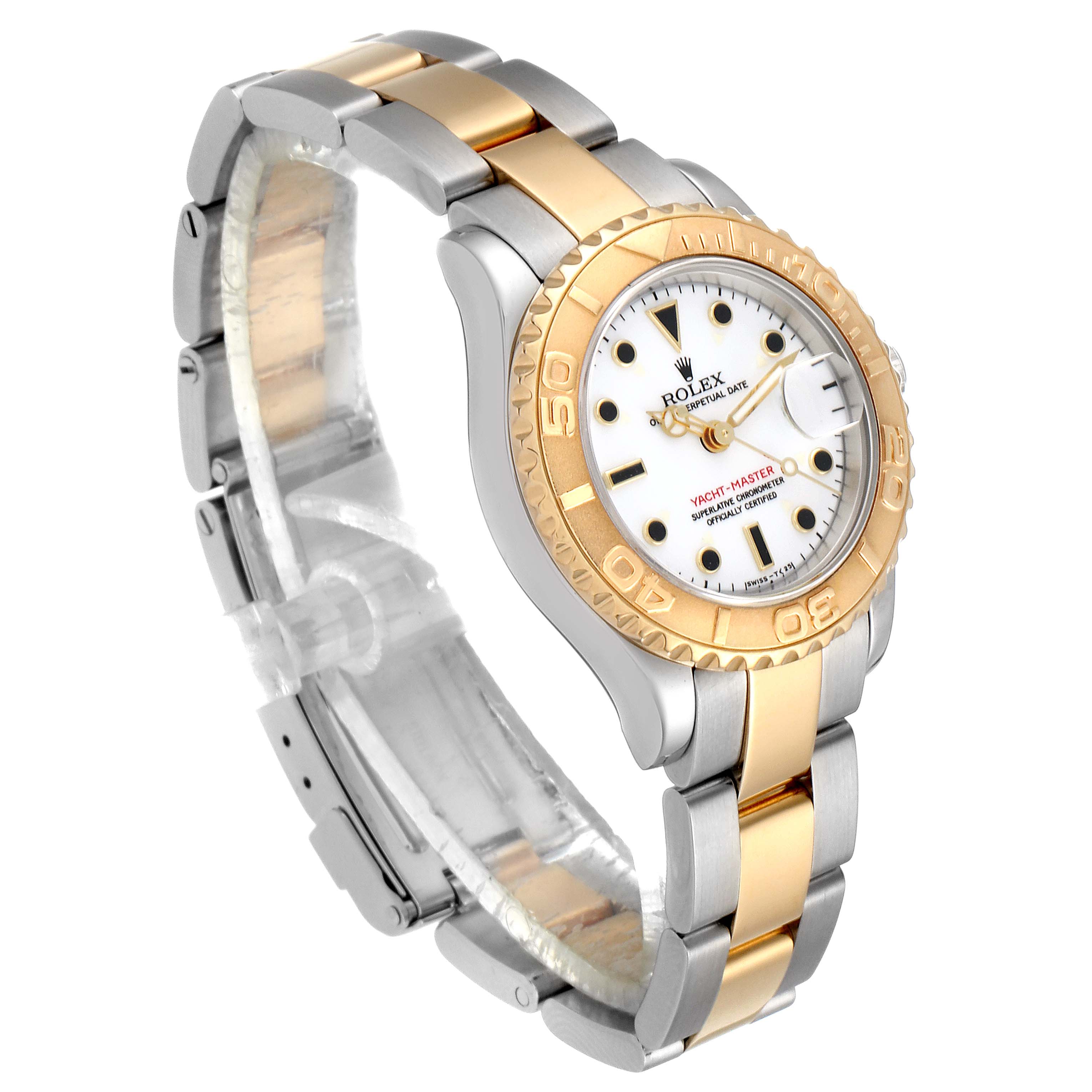The image shows a Rolex Yacht-Master 69623 Women's Steel and Gold (two tone) White Dial 69623 Women's Steel and Gold (two tone) White Dial watch at an angled view, highlighting its gold bezel, white dial, and two-tone metal bracelet.