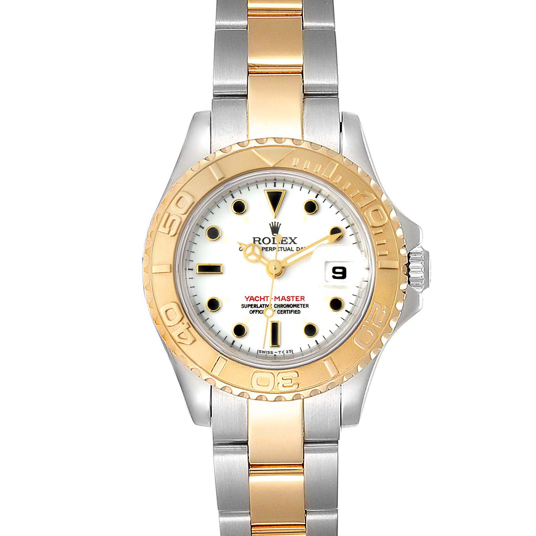 This Rolex Yacht-Master 69623 Women's Steel and Gold (two tone) White Dial 69623 Women's Steel and Gold (two tone) White Dial watch is shown from a top-down angle, featuring its face, bezel, and two-tone bracelet.