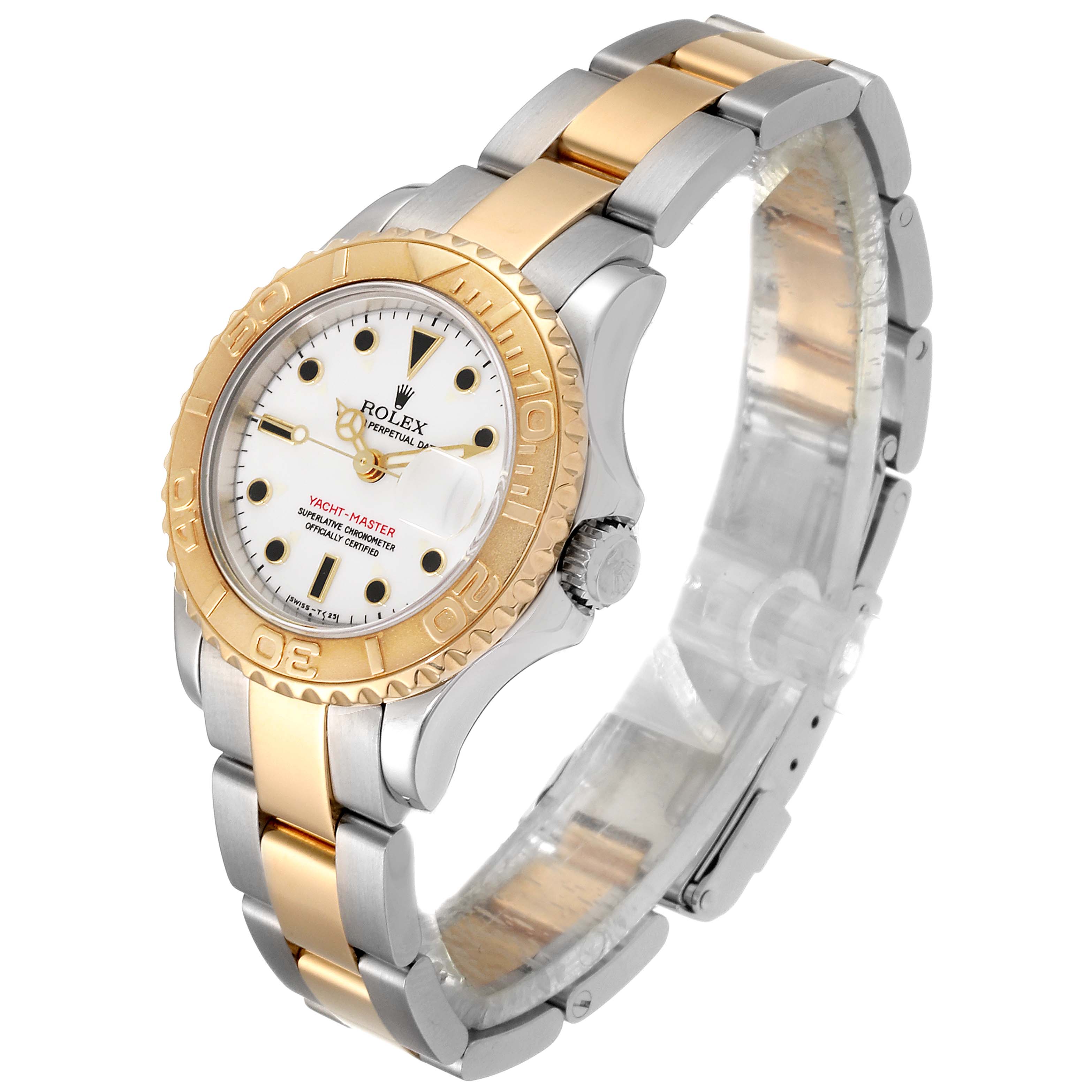 The Rolex Yacht-Master 69623 Women's Steel and Gold (two tone) White Dial 69623 Women's Steel and Gold (two tone) White Dial watch is shown at a three-quarter angle, displaying its face, bezel, crown, and two-tone bracelet.