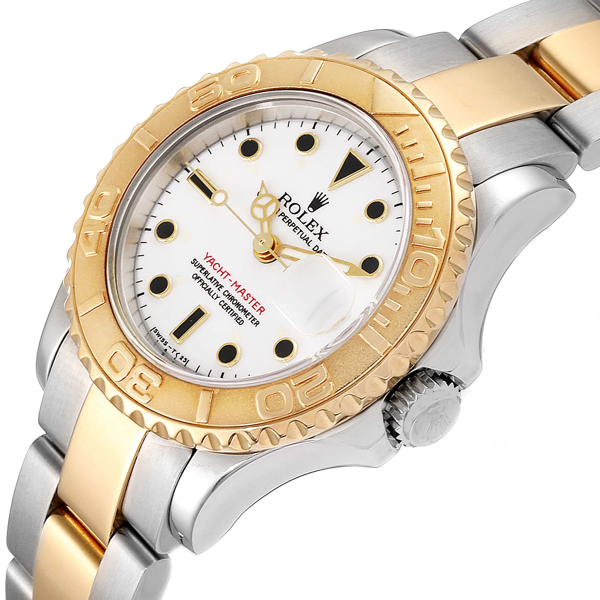 The image shows a close-up of the Rolex Yacht-Master 69623 Women's Steel and Gold (two tone) White Dial 69623 Women's Steel and Gold (two tone) White Dial watch, highlighting the dial, bezel, and part of the bracelet at an angled view.