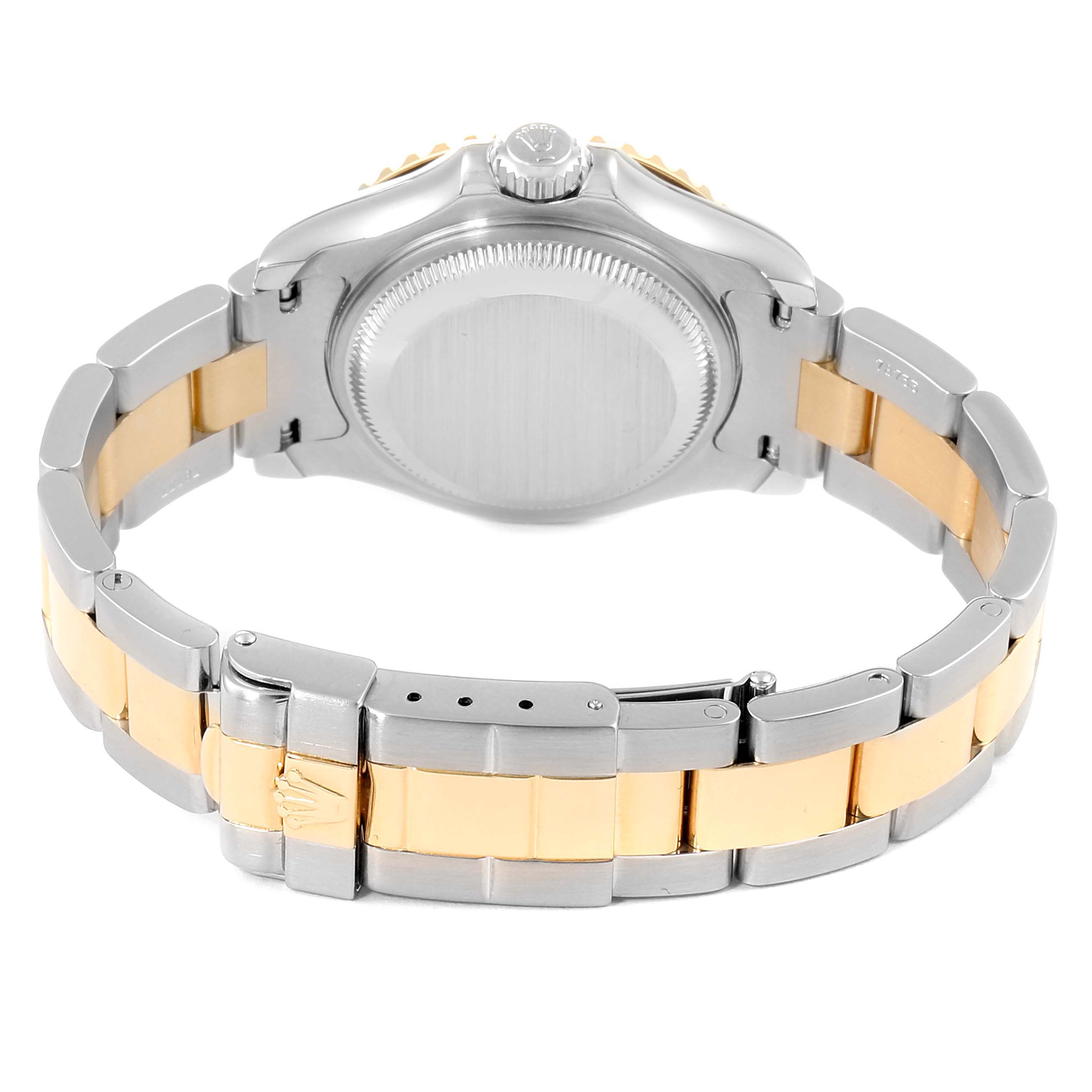 The image shows the case back and bracelet of a Rolex Yacht-Master 69623 Women's Steel and Gold (two tone) White Dial 69623 Women's Steel and Gold (two tone) White Dial watch from a rear angle.