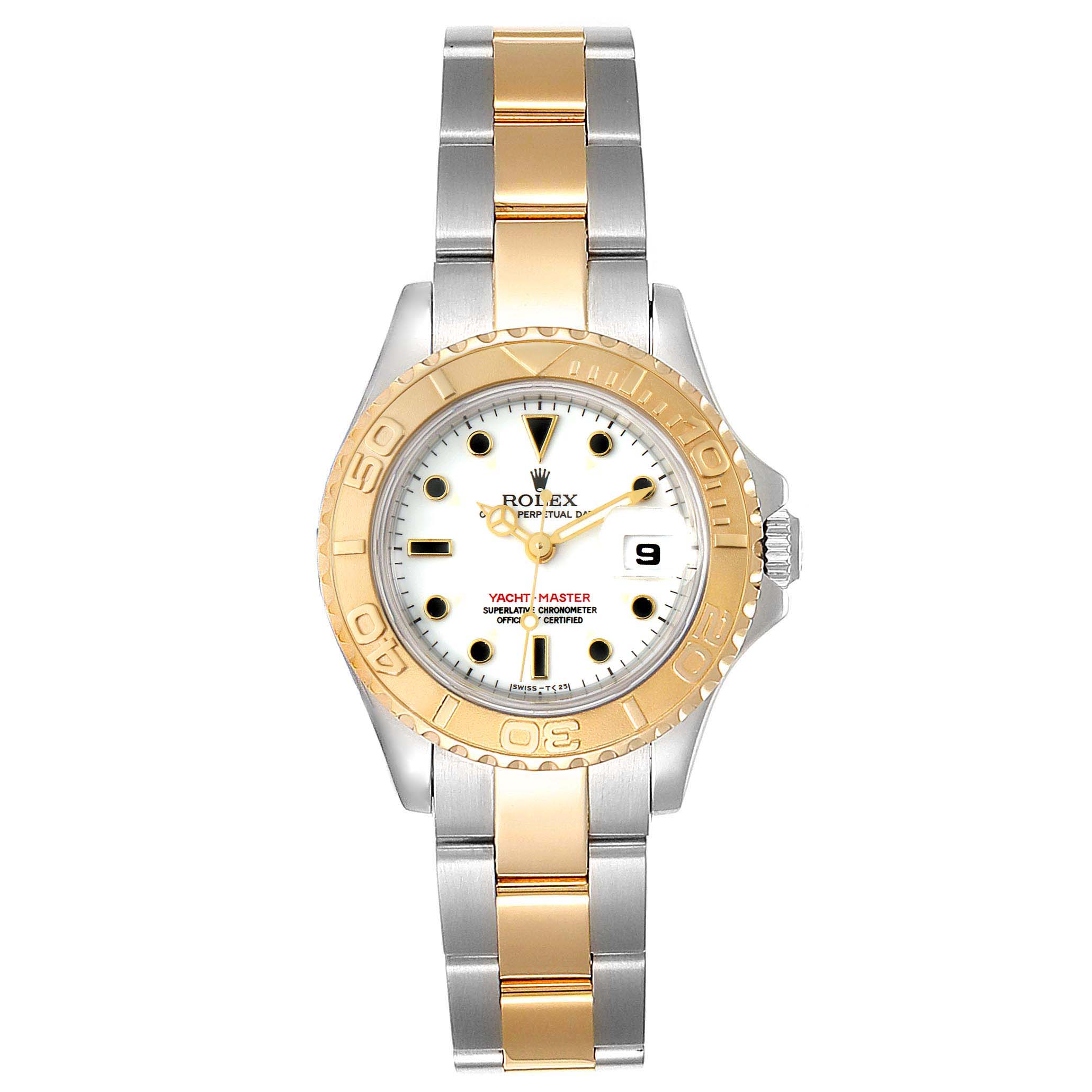The image shows a Rolex Yacht-Master 69623 Women's Steel and Gold (two tone) White Dial 69623 Women's Steel and Gold (two tone) White Dial watch from a top-down angle, highlighting its two-tone metal bracelet, white dial, and gold bezel.