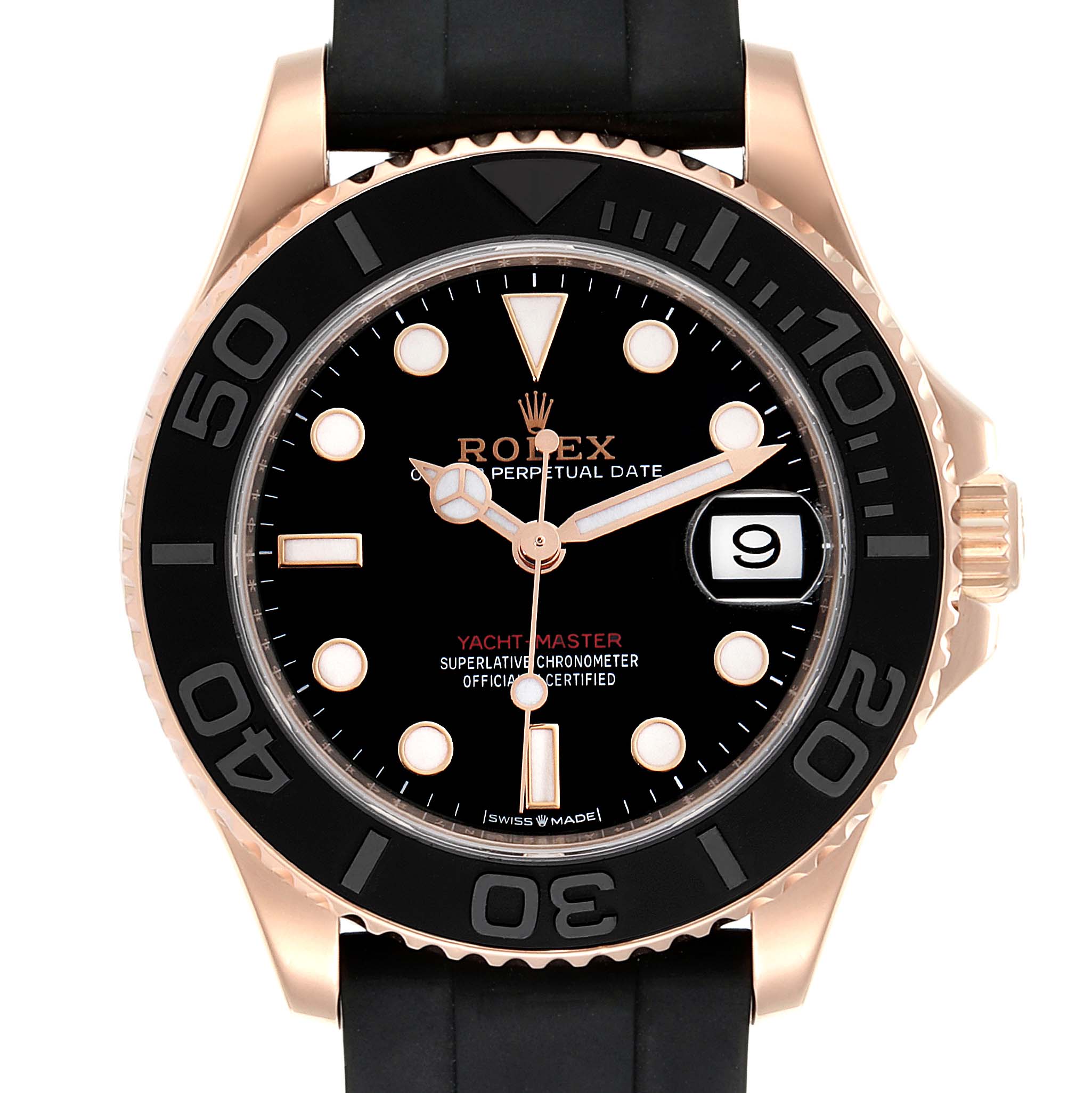 The image shows a frontal view of the Rolex Yacht-Master 268655 Men's Rose Gold Black Dial 268655 Men's Rose Gold Black Dial, showcasing its face, bezel, and crown with a black strap.
