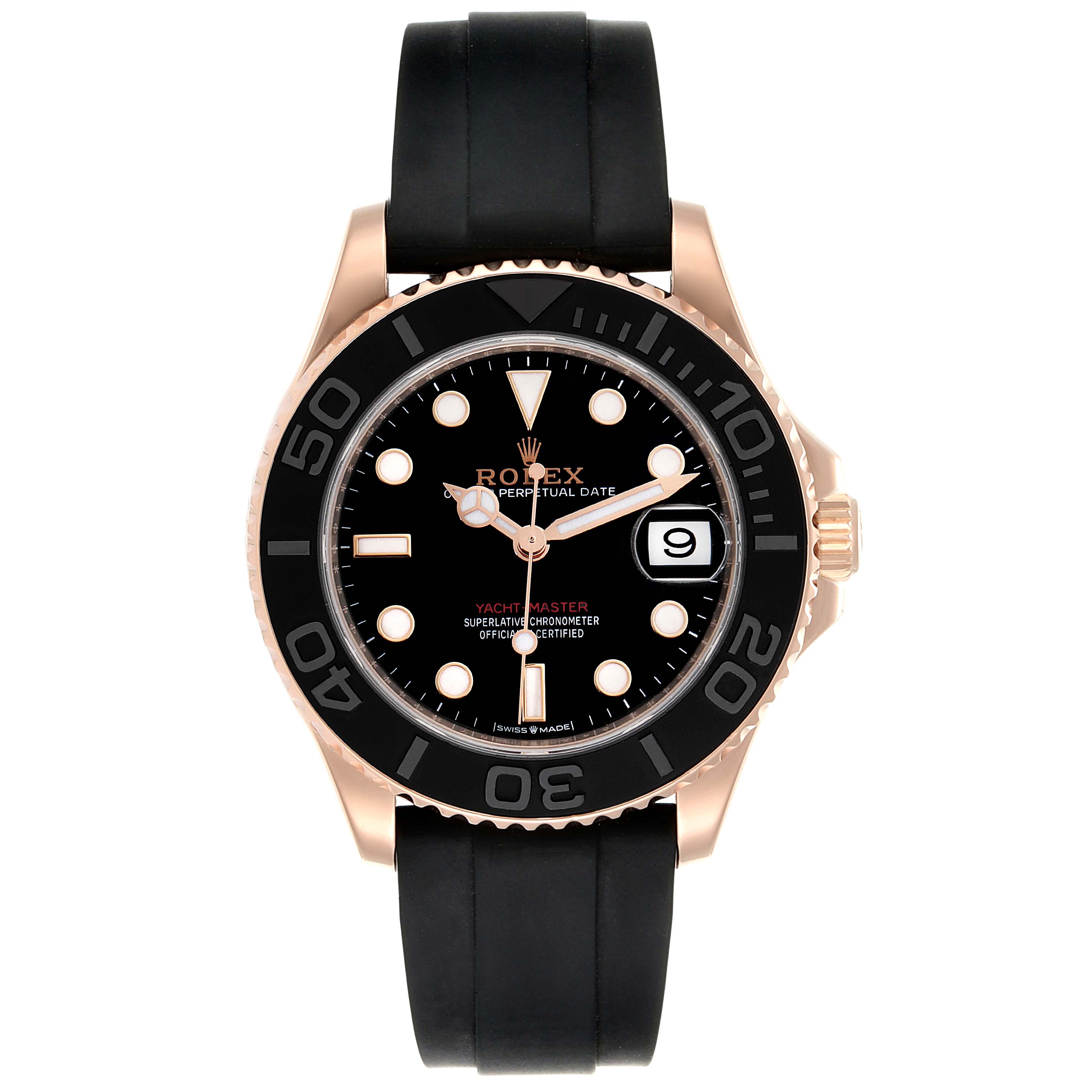 The Yacht-Master Rolex watch is shown from a front angle, displaying its black dial, black bezel, and black rubber strap.
