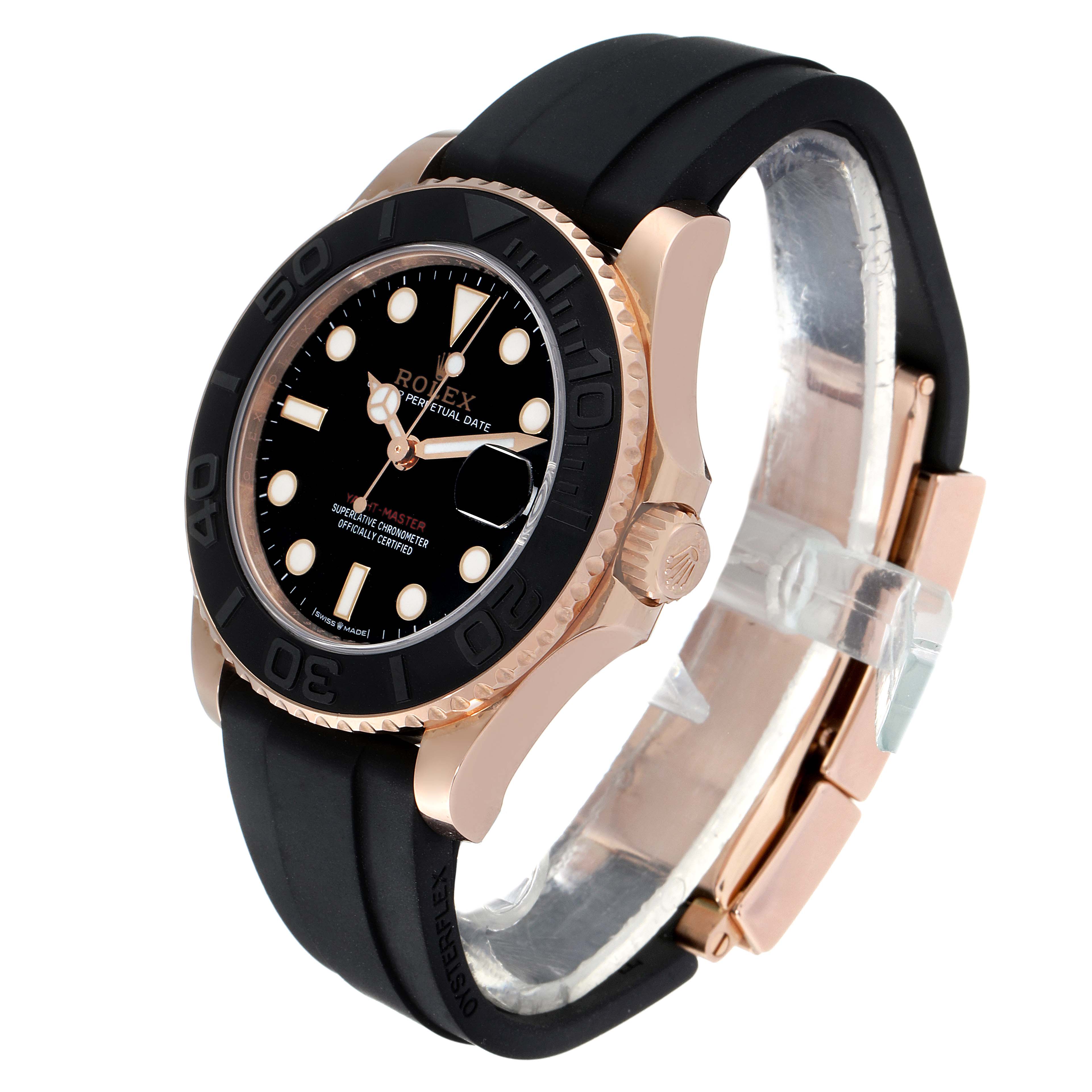 This is a side-angle view of the Rolex Yacht-Master 268655 Men's Rose Gold Black Dial 268655 Men's Rose Gold Black Dial watch, showing the face, bezel, crown, and strap.