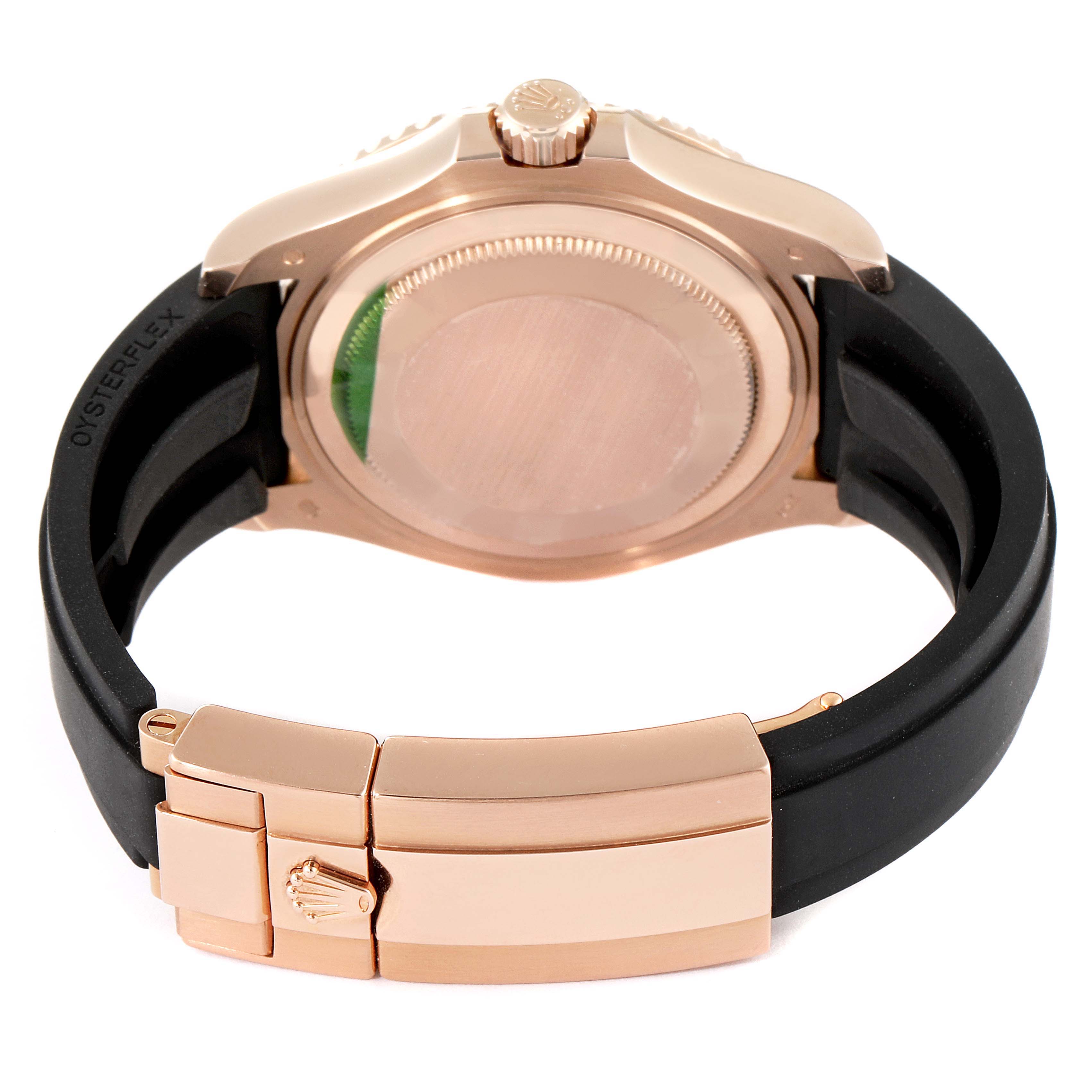 This image shows the back view of a Rolex Yacht-Master 268655 Men's Rose Gold Black Dial 268655 Men's Rose Gold Black Dial watch, highlighting the case back, crown, and Oysterflex bracelet clasp.