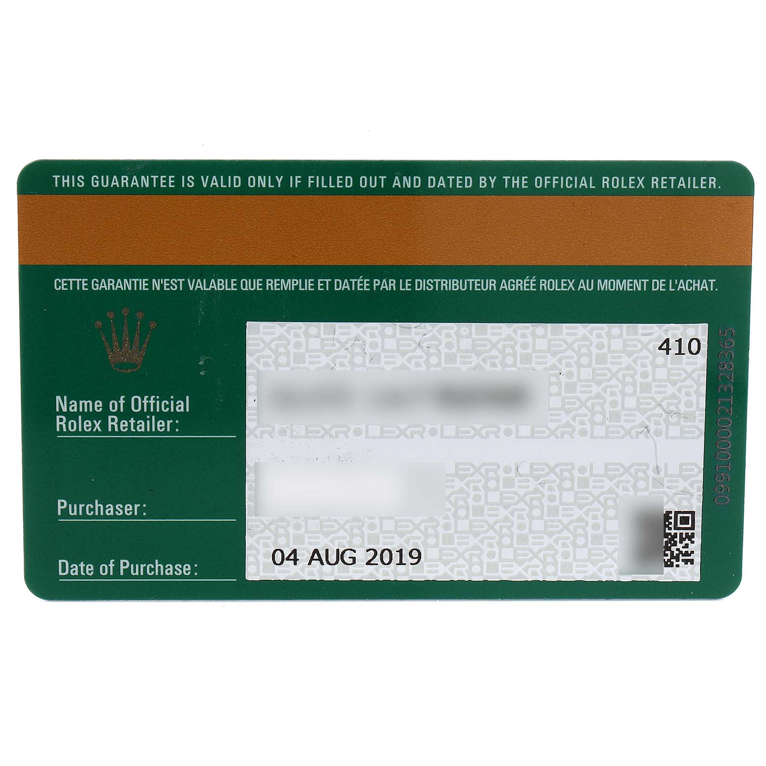 The image shows the guarantee card for the Rolex Yacht-Master 268655 Men's Rose Gold Black Dial 268655 Men's Rose Gold Black Dial watch, including retail and purchase details.