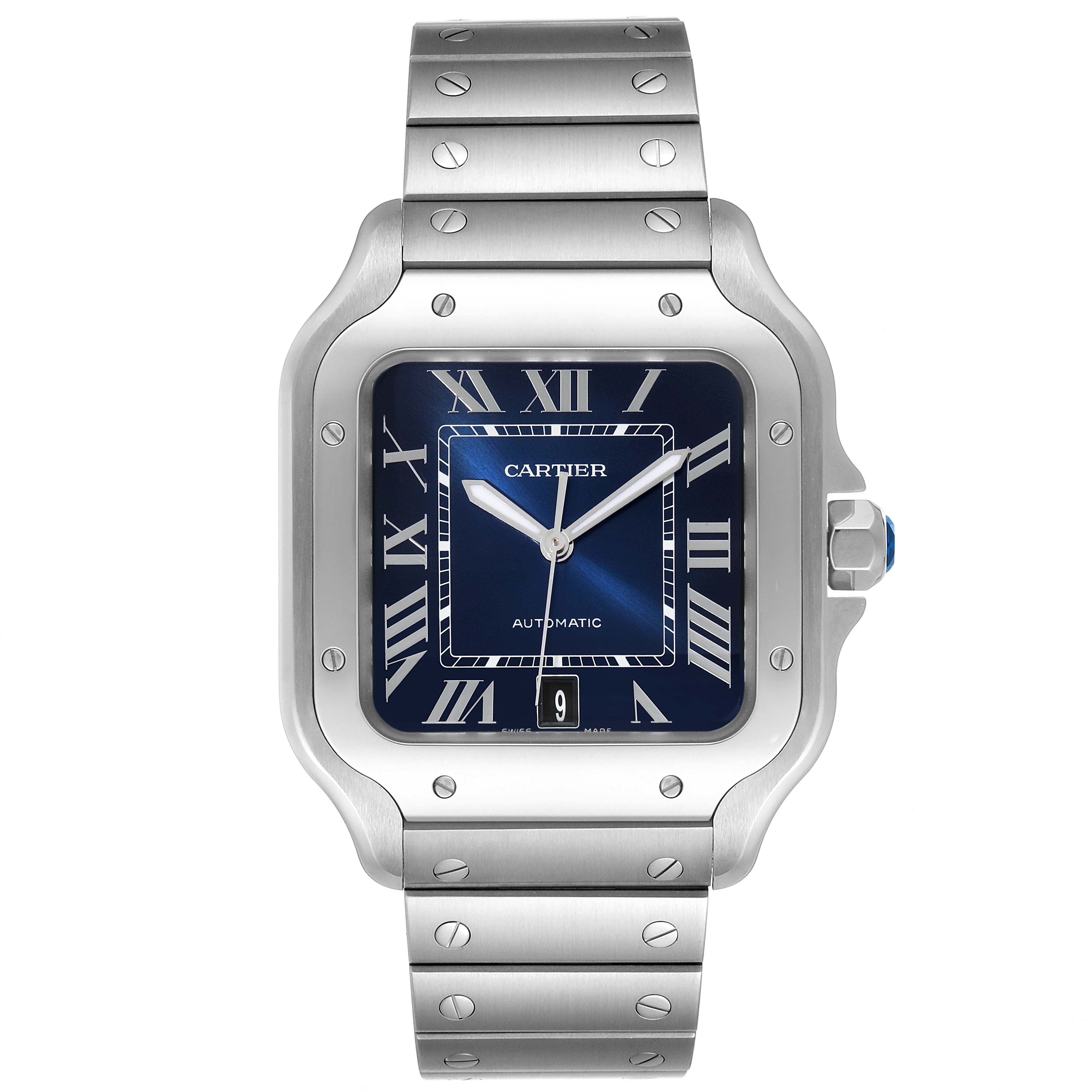 The image shows a front view of the Cartier Santos WSSA0013 Men's Stainless Steel Blue Dial WSSA0013 Men's Stainless Steel Blue Dial watch, displaying the face, bezel, and part of the bracelet.
