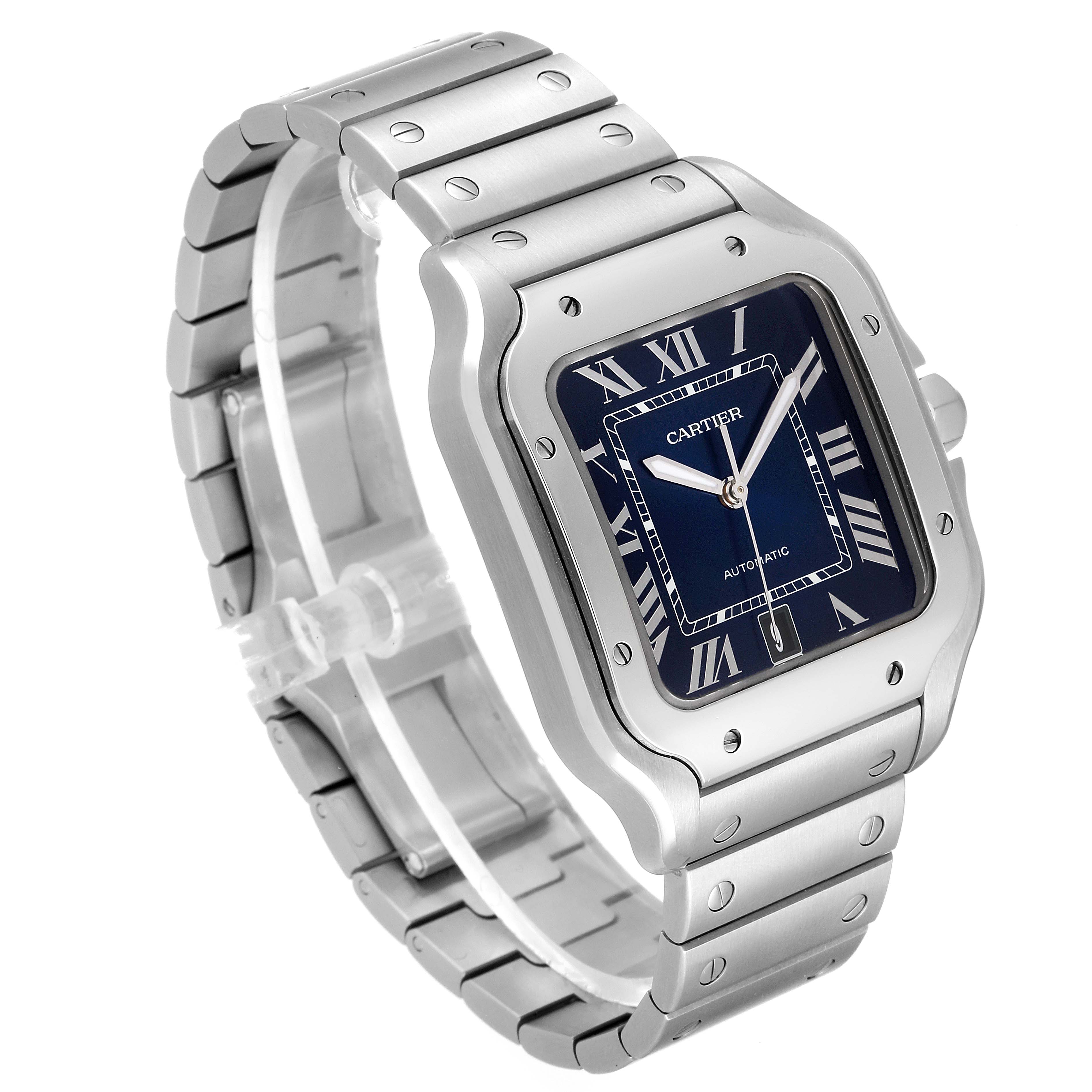 The image shows a Cartier Santos WSSA0013 Men's Stainless Steel Blue Dial WSSA0013 Men's Stainless Steel Blue Dial model watch at a three-quarter angle, highlighting its dial, bezel, and metal bracelet.
