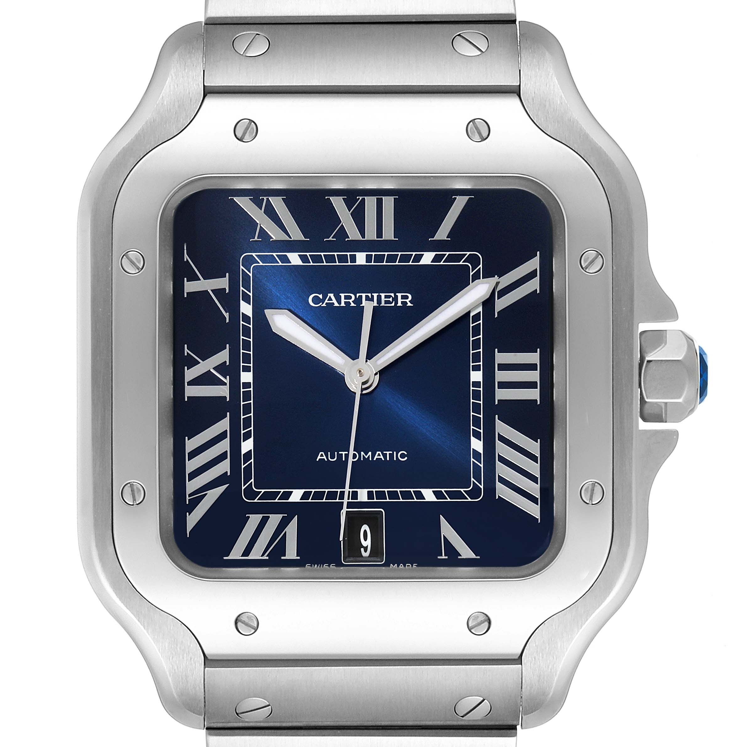 This image shows a front view of a Cartier Santos WSSA0013 Men's Stainless Steel Blue Dial WSSA0013 Men's Stainless Steel Blue Dial watch, highlighting the blue dial, Roman numeral markers, date window, and steel case.