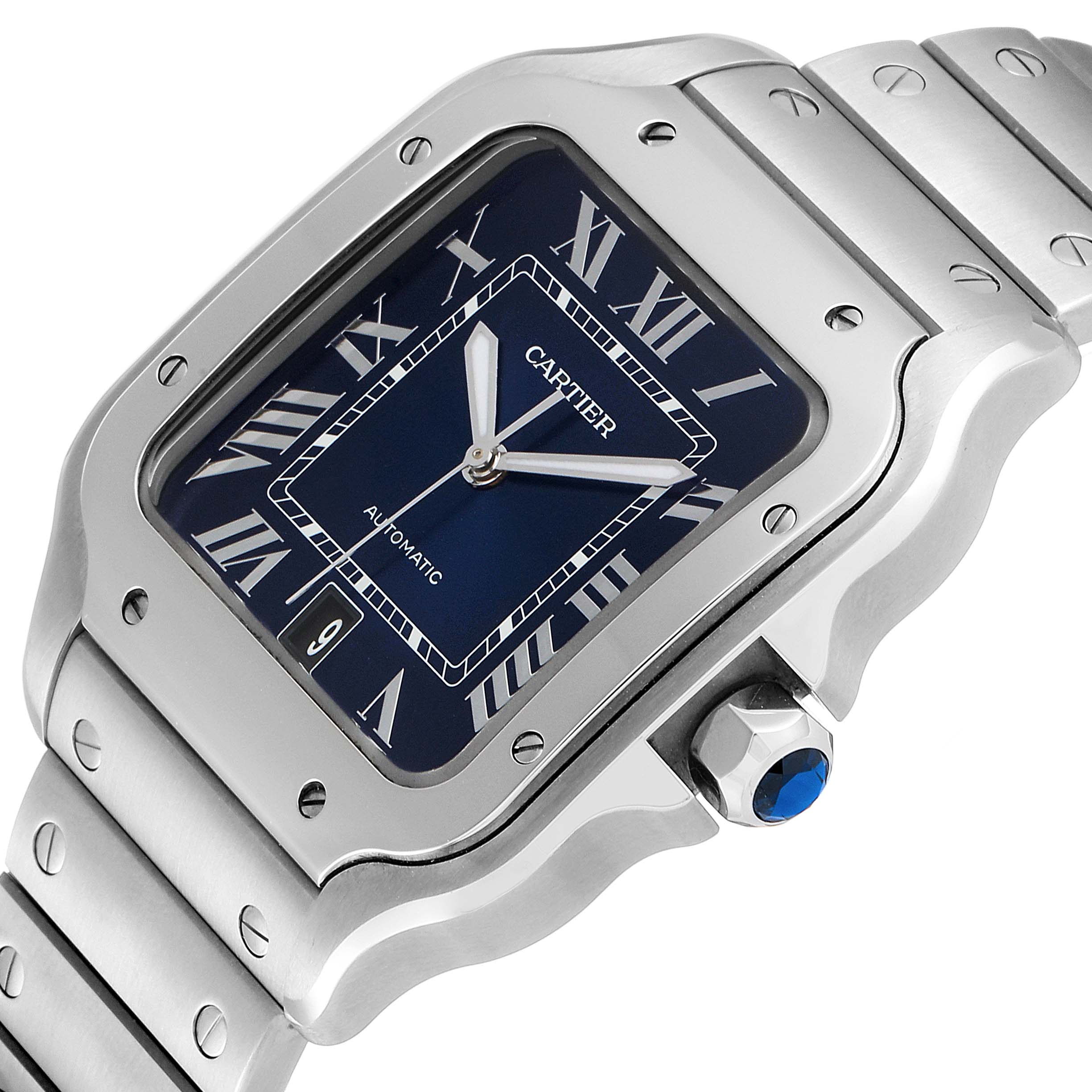 The image shows a close-up of the Santos model watch by Cartier, highlighting the face, bezel, and part of the bracelet.