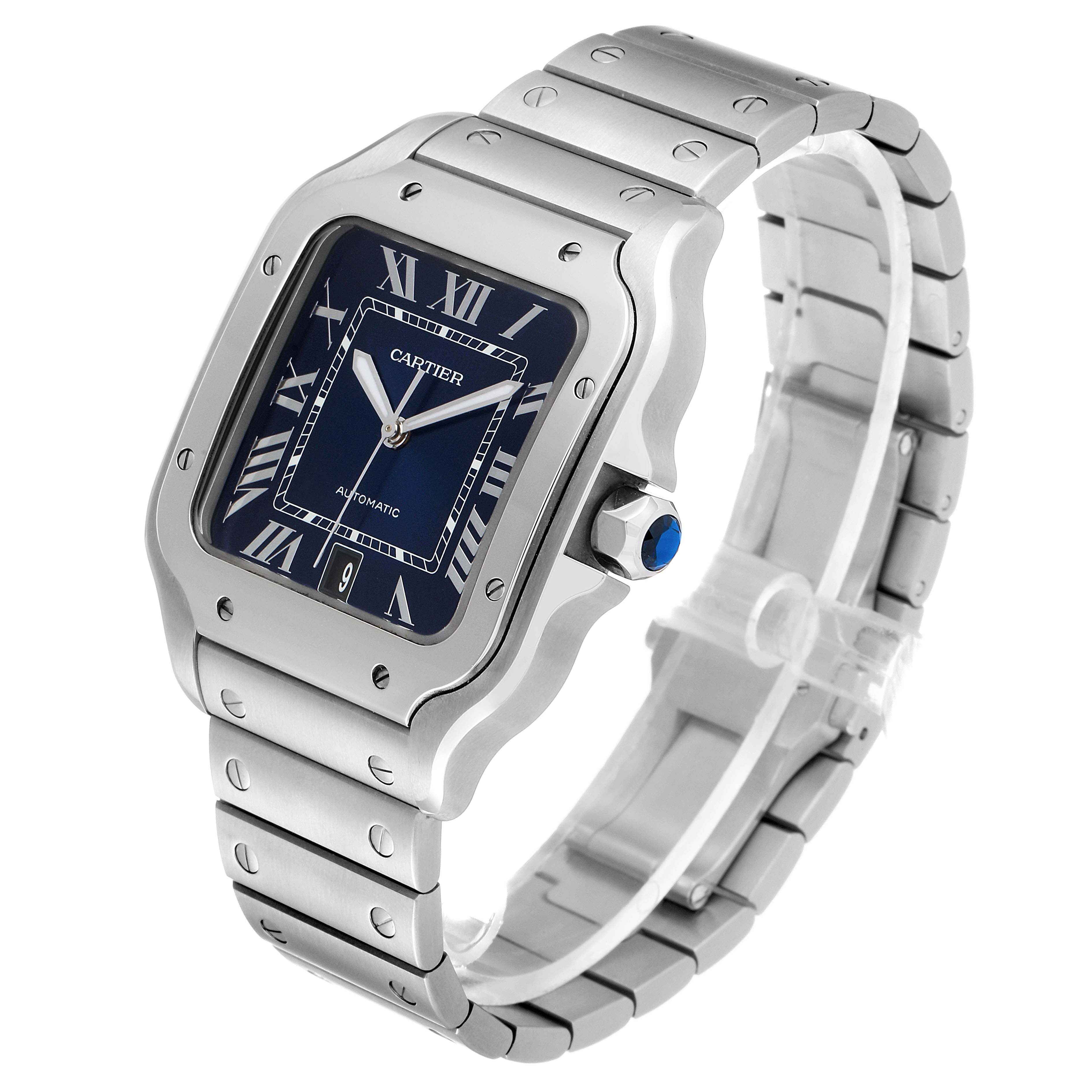 The Cartier Santos WSSA0013 Men's Stainless Steel Blue Dial WSSA0013 Men's Stainless Steel Blue Dial watch is shown at a three-quarter angle, displaying its face, bezel, and bracelet.