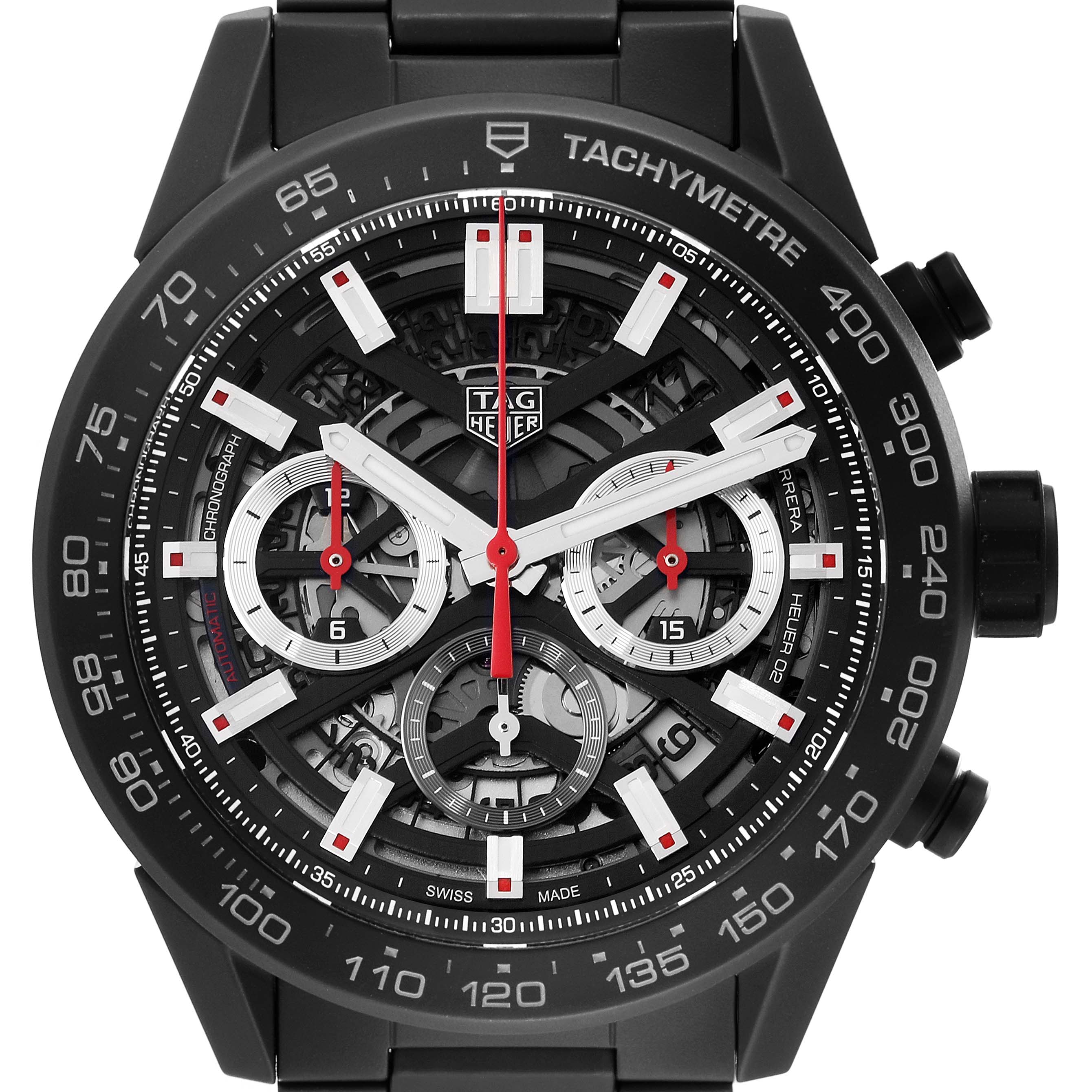 The image shows a front view of a Tag Heuer Carrera CBG2A90.BH0653 Men's Ceramic Transparent Dial CBG2A90.BH0653 Men's Ceramic Transparent Dial watch, highlighting its dial, hands, and tachymetre bezel.