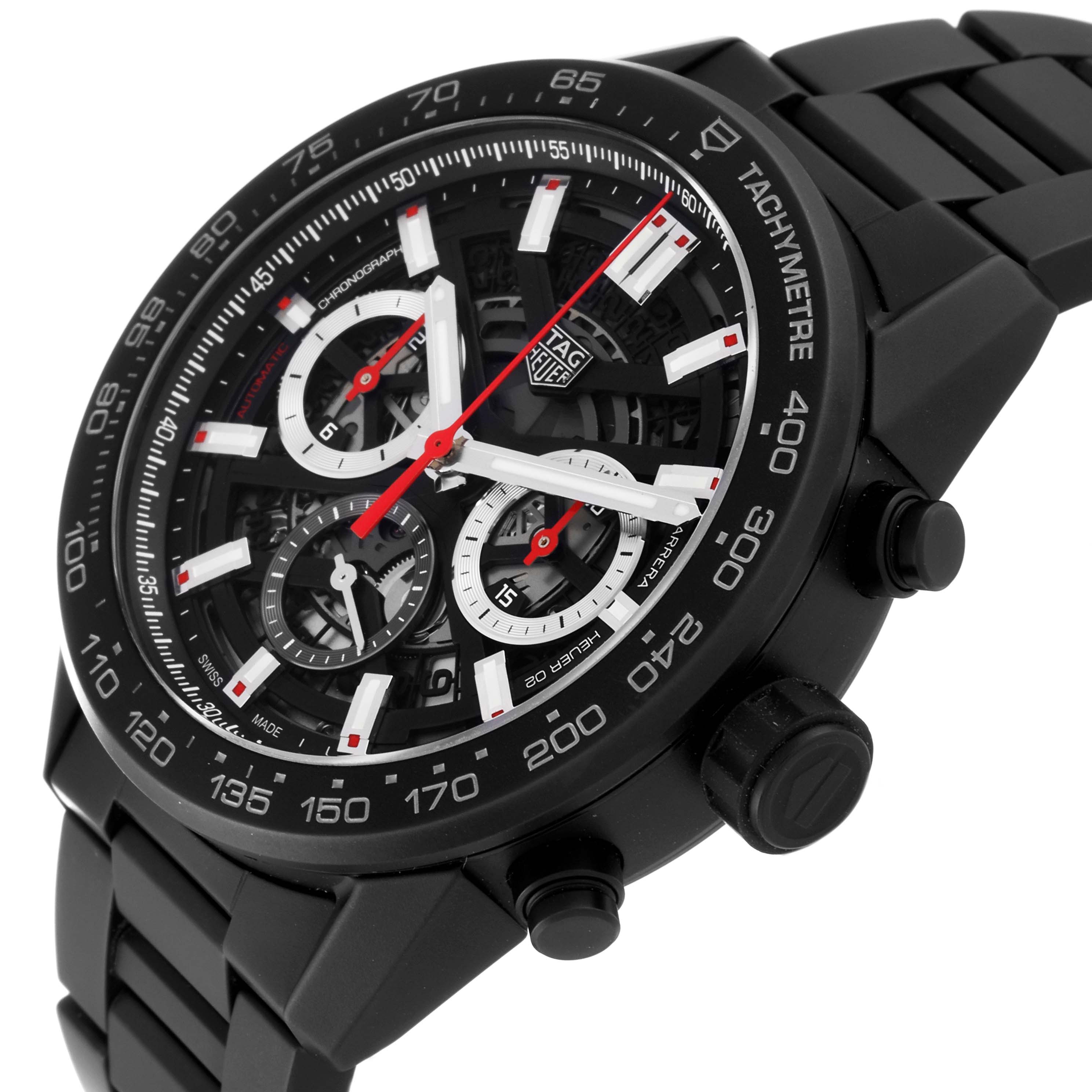 This image shows a close-up of a Tag Heuer Carrera CBG2A90.BH0653 Men's Ceramic Transparent Dial CBG2A90.BH0653 Men's Ceramic Transparent Dial watch from a side angle, displaying the dial, bezel, and chronograph pushers.