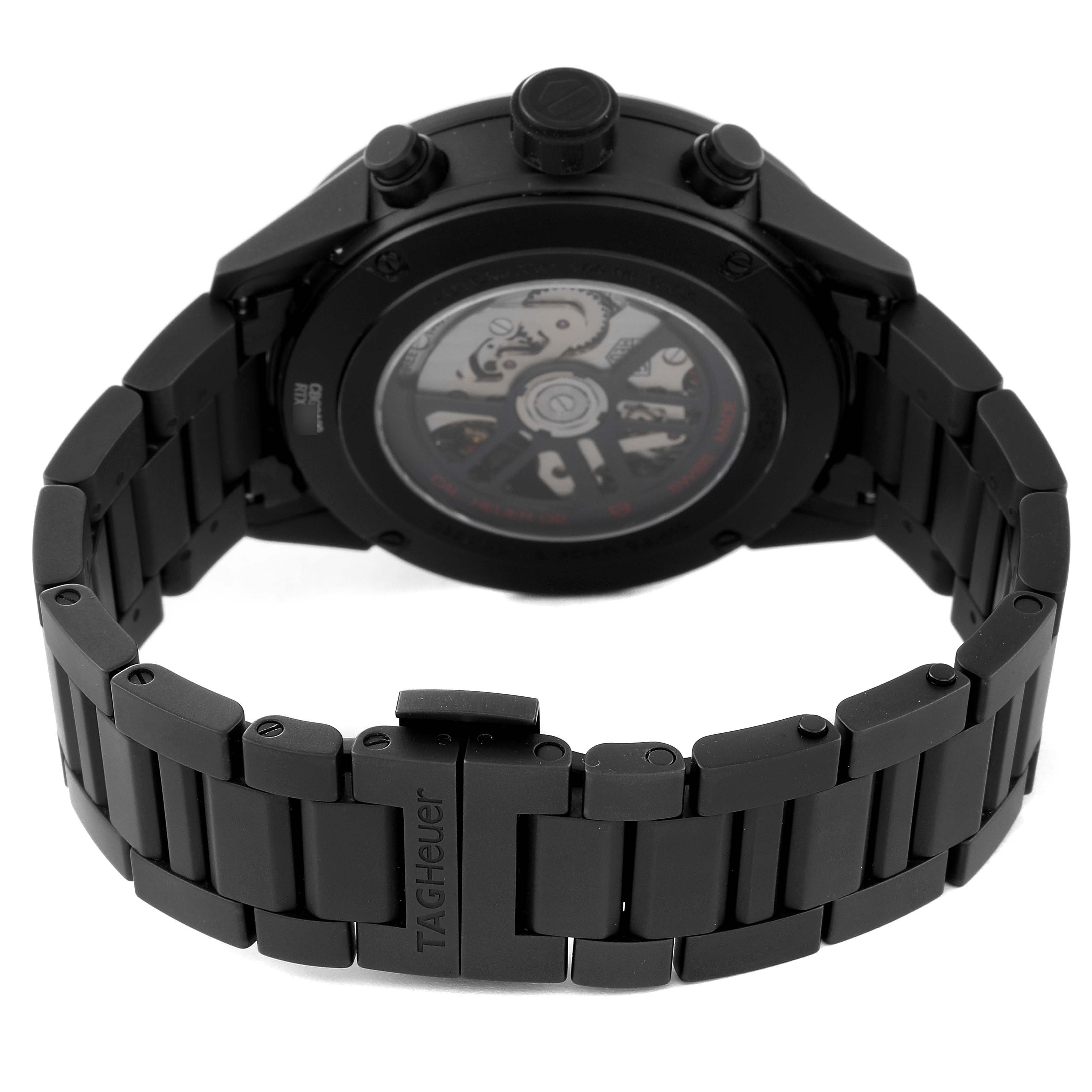 This image shows the back view of a Tag Heuer Carrera CBG2A90.BH0653 Men's Ceramic Transparent Dial CBG2A90.BH0653 Men's Ceramic Transparent Dial watch, focusing on its black bracelet and case back.