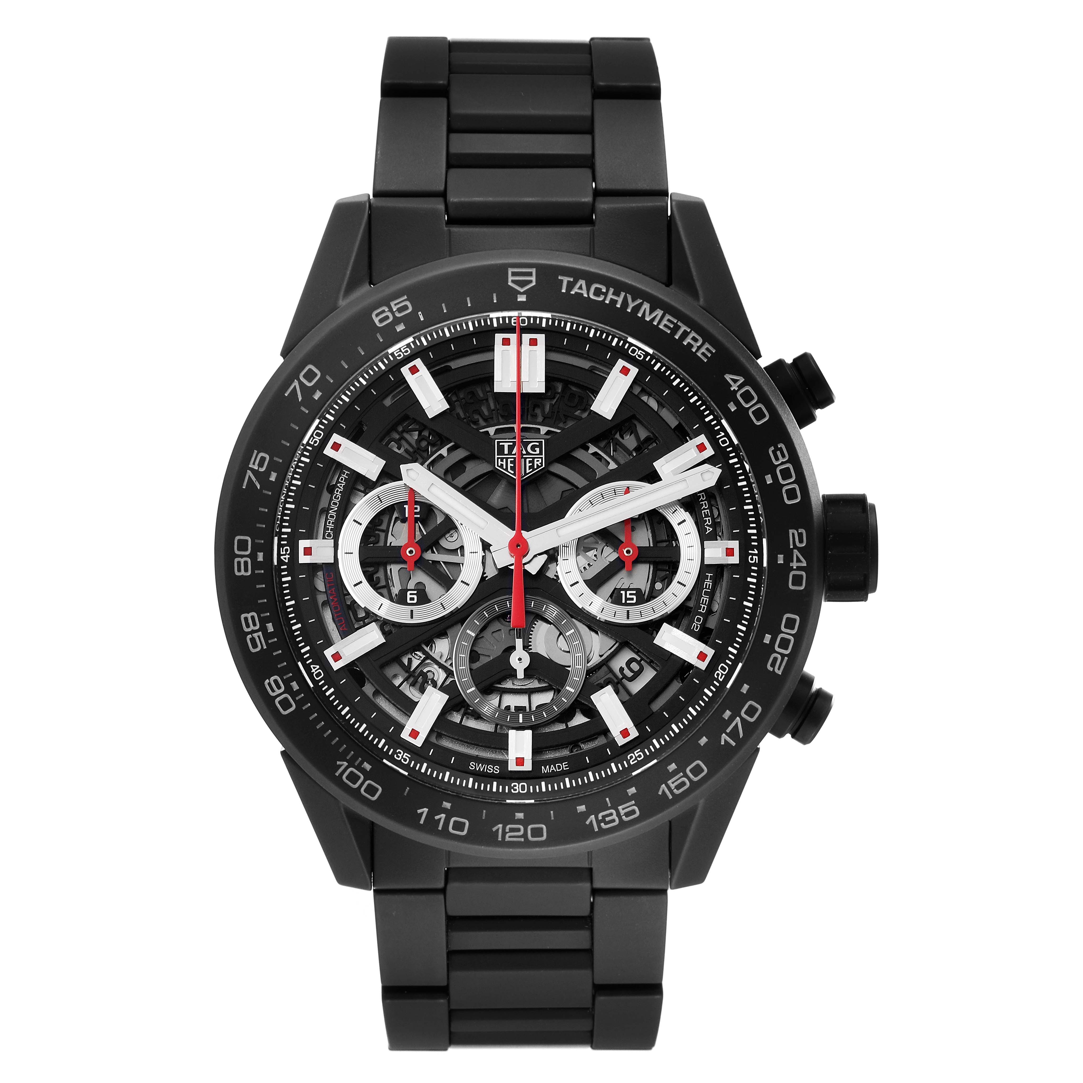 The image shows a front view of the Tag Heuer Carrera CBG2A90.BH0653 Men's Ceramic Transparent Dial CBG2A90.BH0653 Men's Ceramic Transparent Dial watch, detailing the face, band, and tachymeter bezel.