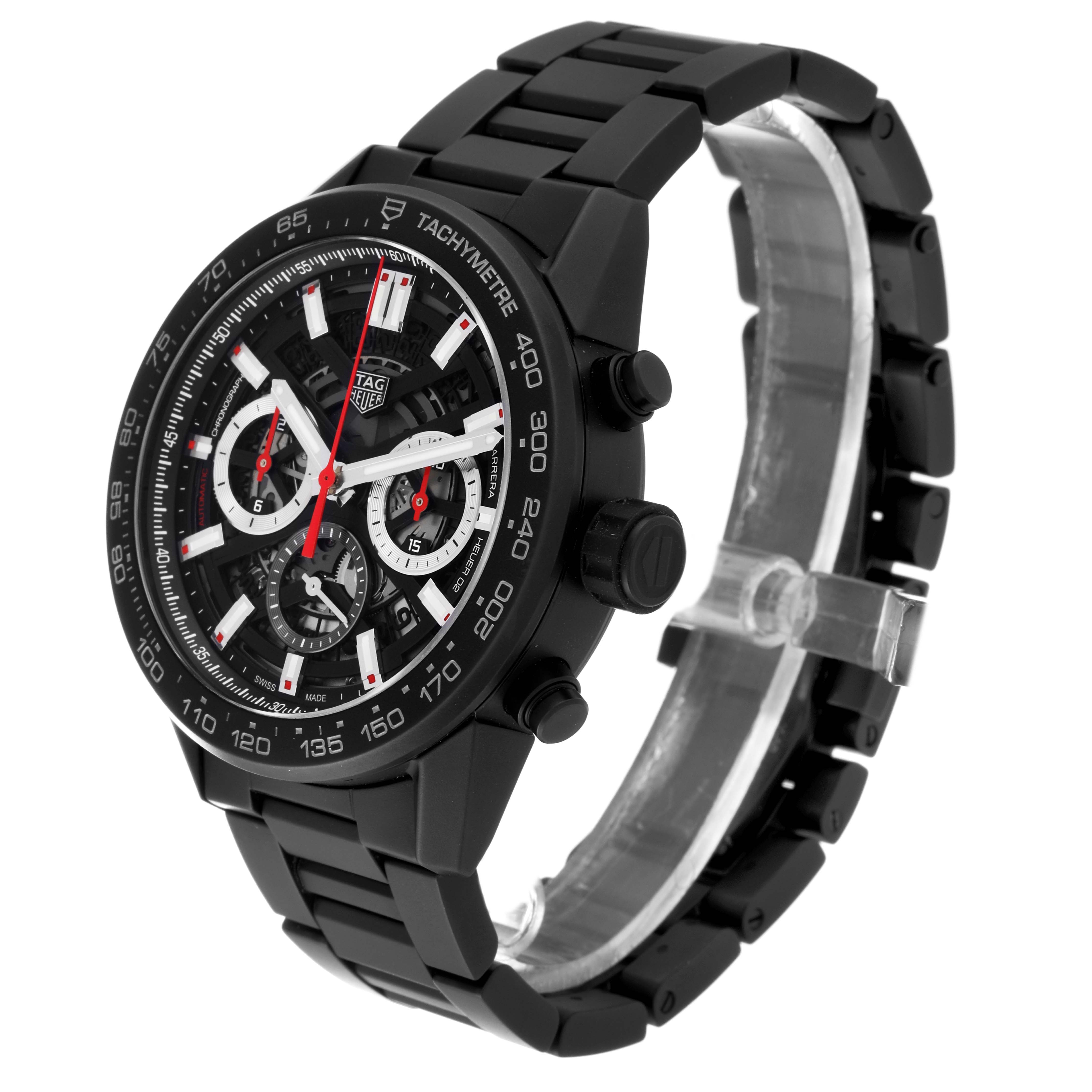 The image shows a Tag Heuer Carrera CBG2A90.BH0653 Men's Ceramic Transparent Dial CBG2A90.BH0653 Men's Ceramic Transparent Dial watch at a slight angle, highlighting its black case, tachymeter bezel, and multi-dial face.