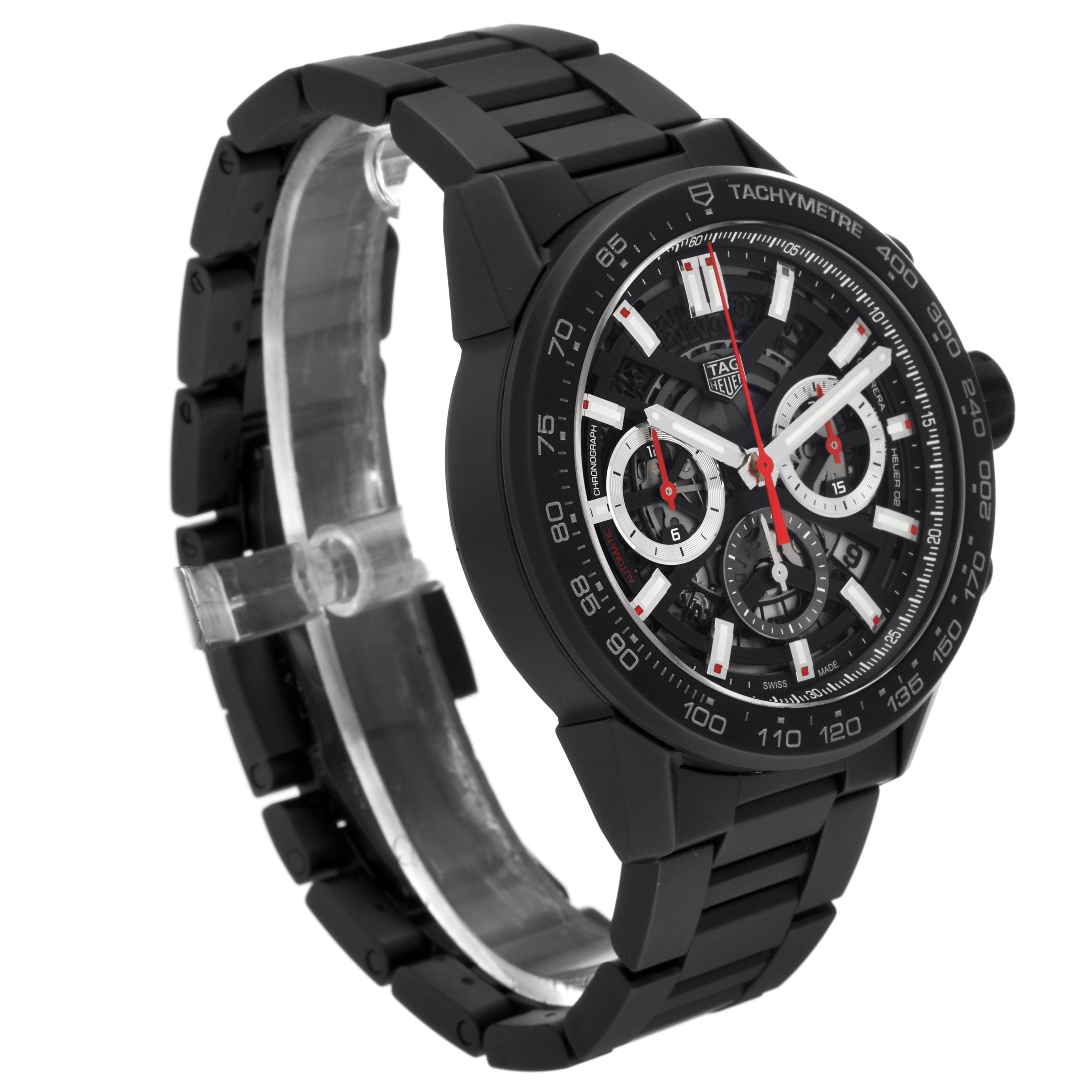 This image shows a three-quarter side view of the Tag Heuer Carrera CBG2A90.BH0653 Men's Ceramic Transparent Dial CBG2A90.BH0653 Men's Ceramic Transparent Dial watch, displaying its face, bezel, and bracelet.