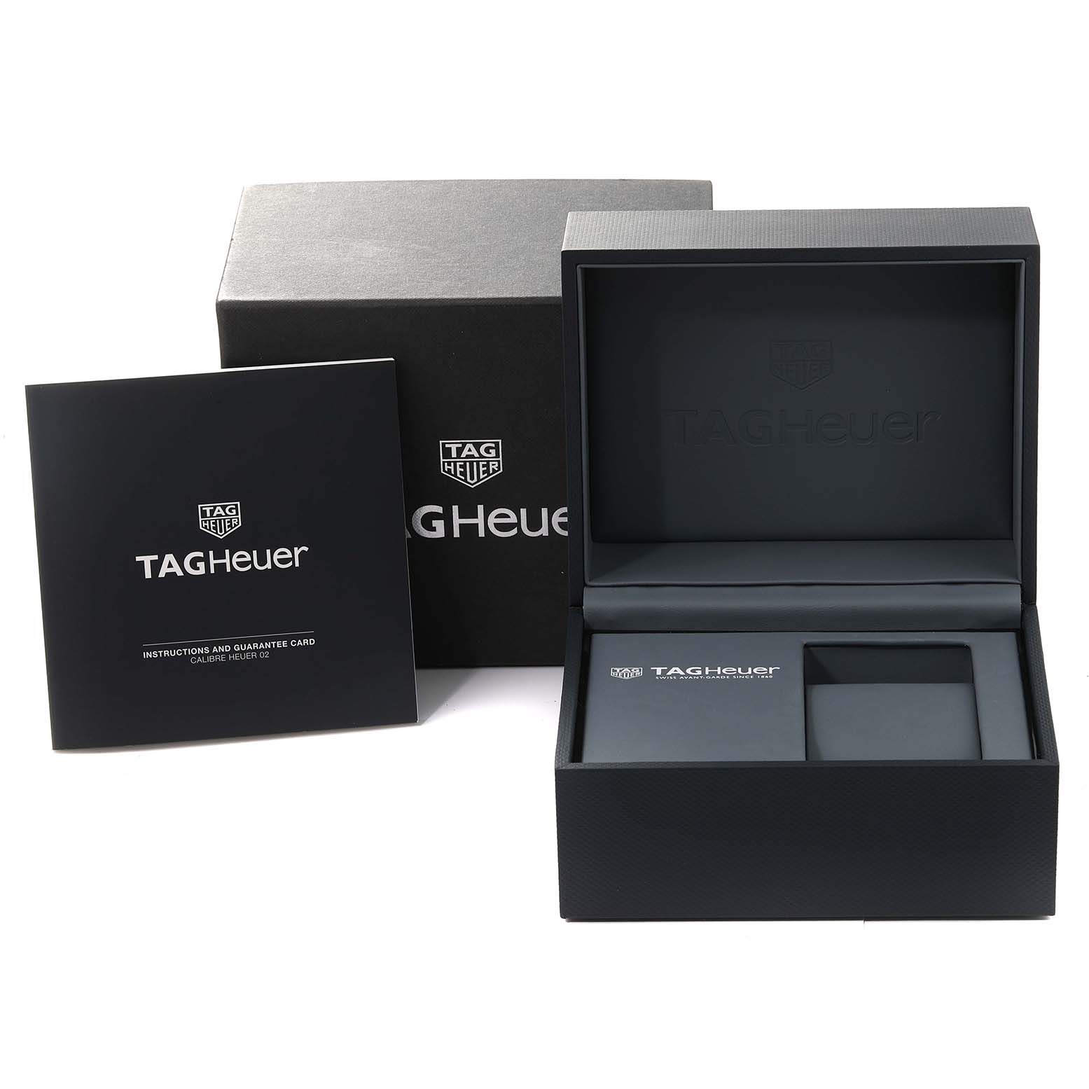 The image shows the packaging and manual for a Tag Heuer Carrera CBG2A90.BH0653 Men's Ceramic Transparent Dial CBG2A90.BH0653 Men's Ceramic Transparent Dial watch, including the outer box, inner box, and instructions booklet.