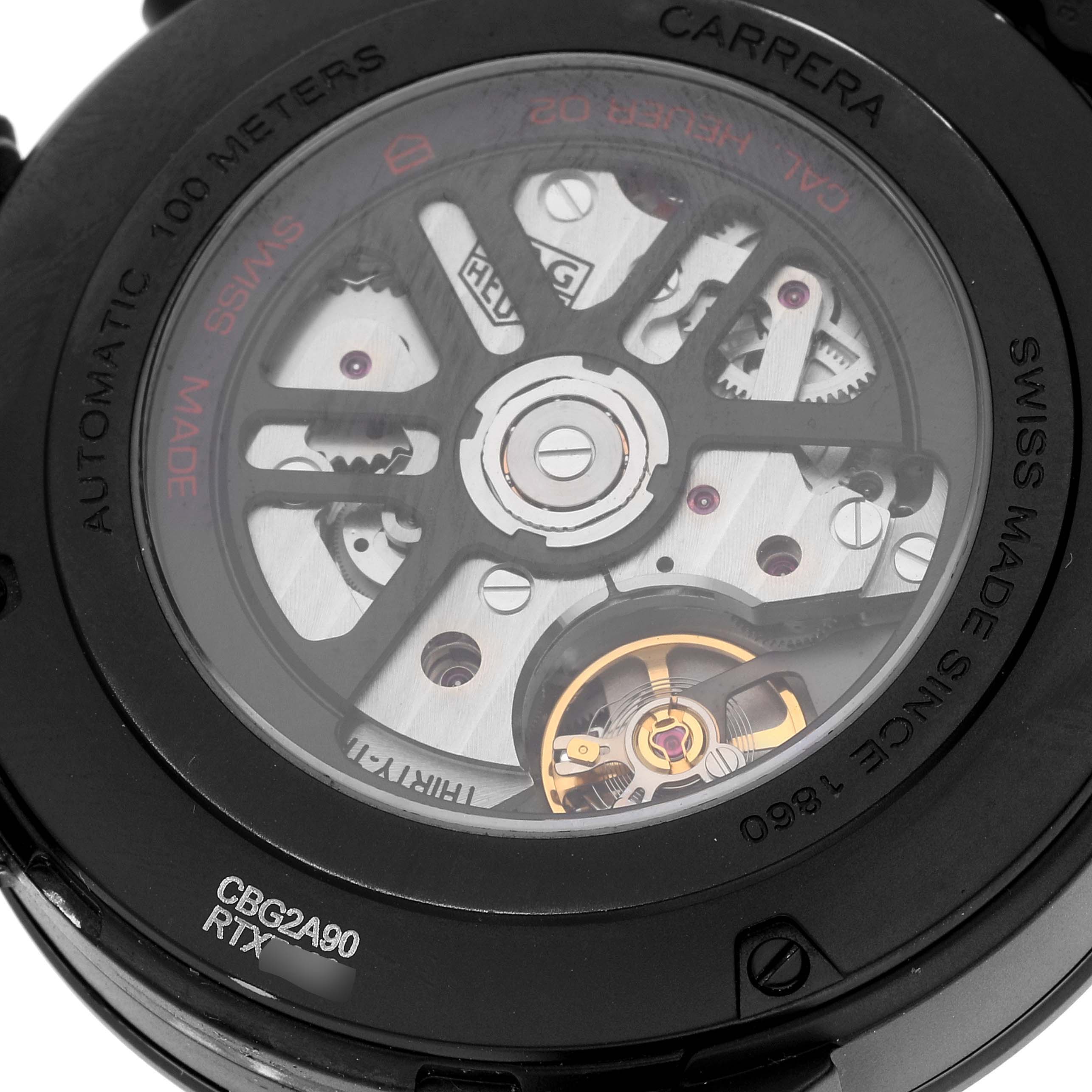 The image shows the back side of the Tag Heuer Carrera CBG2A90.BH0653 Men's Ceramic Transparent Dial CBG2A90.BH0653 Men's Ceramic Transparent Dial watch, highlighting its automatic movement mechanism.