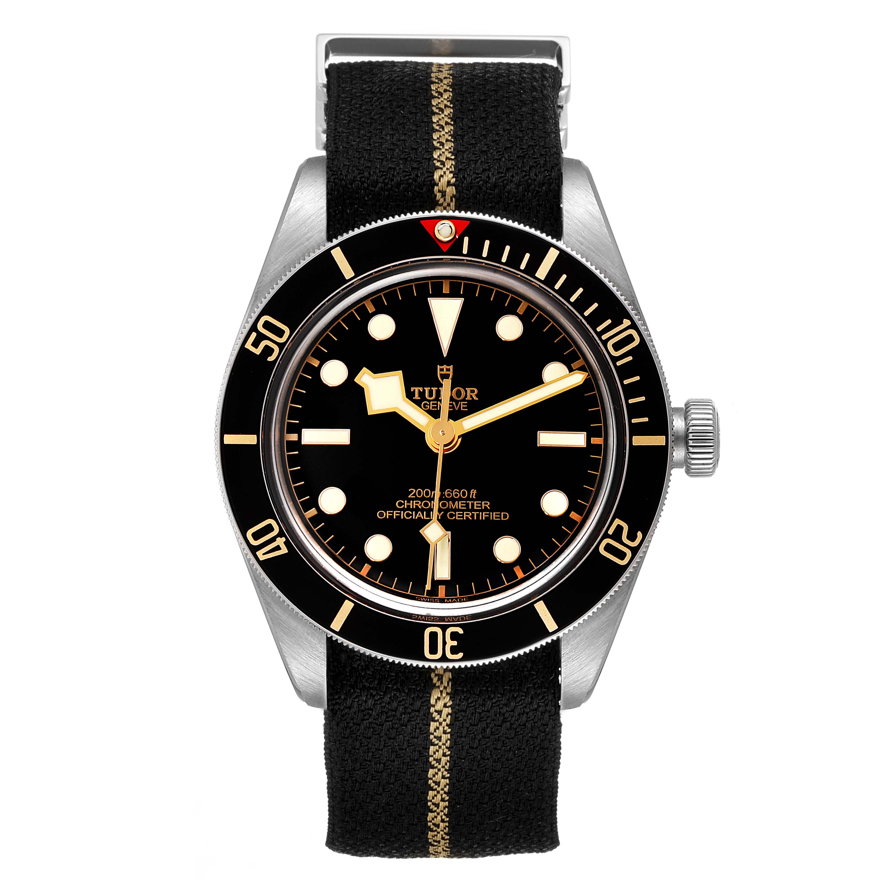 The image shows a front view of the Tudor Heritage Black Bay 79030N Men
s Stainless Steel Black Dial 79030N Men
s Stainless Steel Black Dial watch, displaying the dial, bezel, and fabric strap.