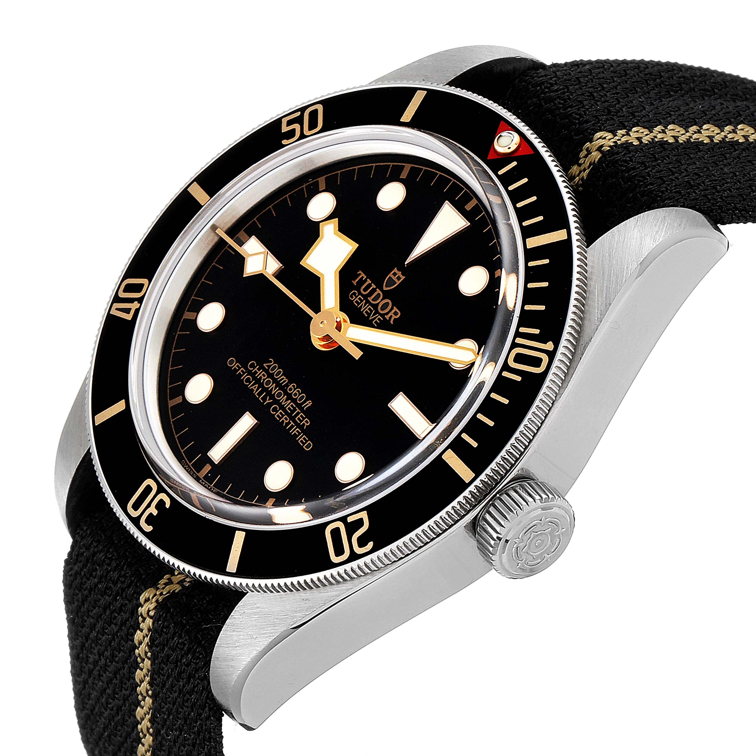 The image shows a three-quarter angle of the Tudor Heritage Black Bay 79030N Men
s Stainless Steel Black Dial 79030N Men
s Stainless Steel Black Dial watch, highlighting the face, bezel, crown, and strap.