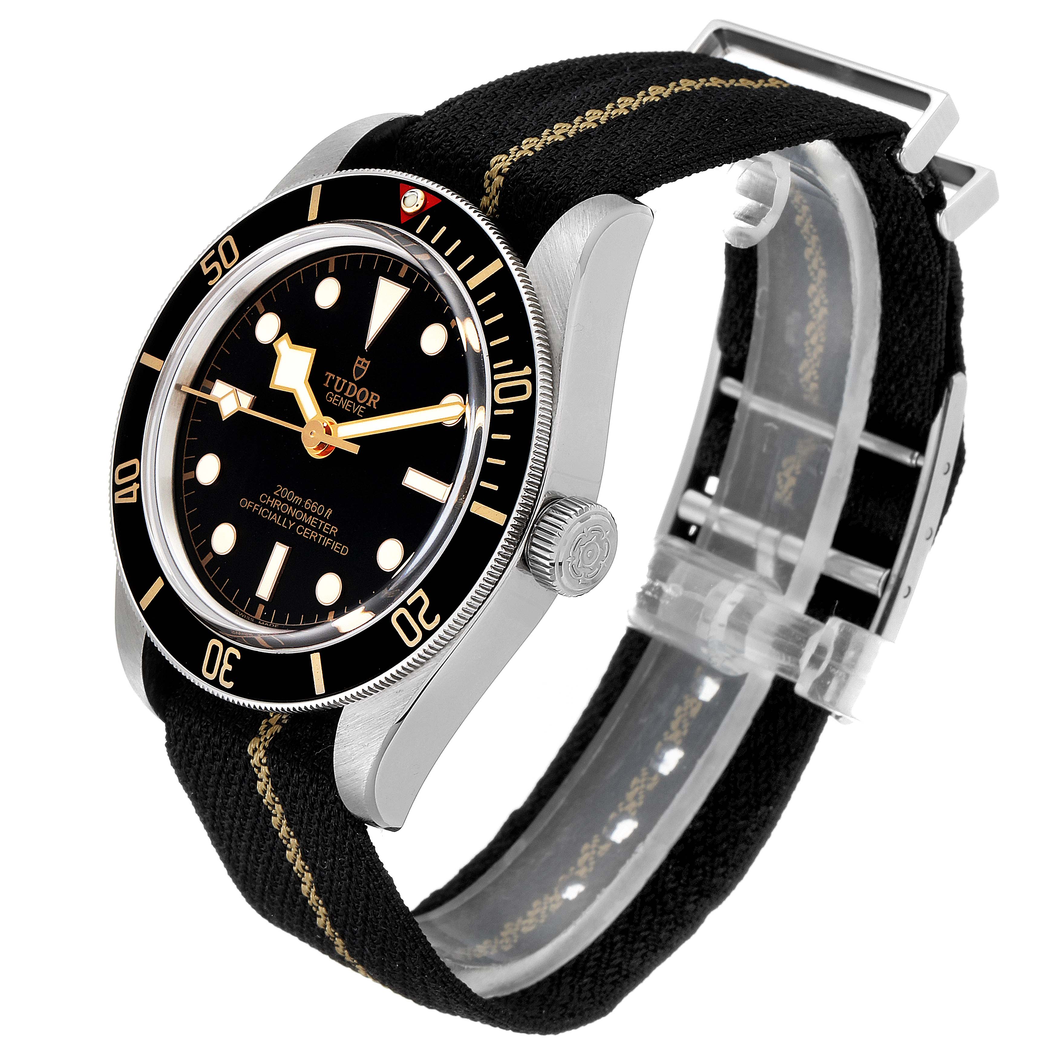 The Tudor Heritage Black Bay 79030N Men
s Stainless Steel Black Dial 79030N Men
s Stainless Steel Black Dial watch is shown at a three-quarter angle, displaying the face, bezel, crown, and strap.
