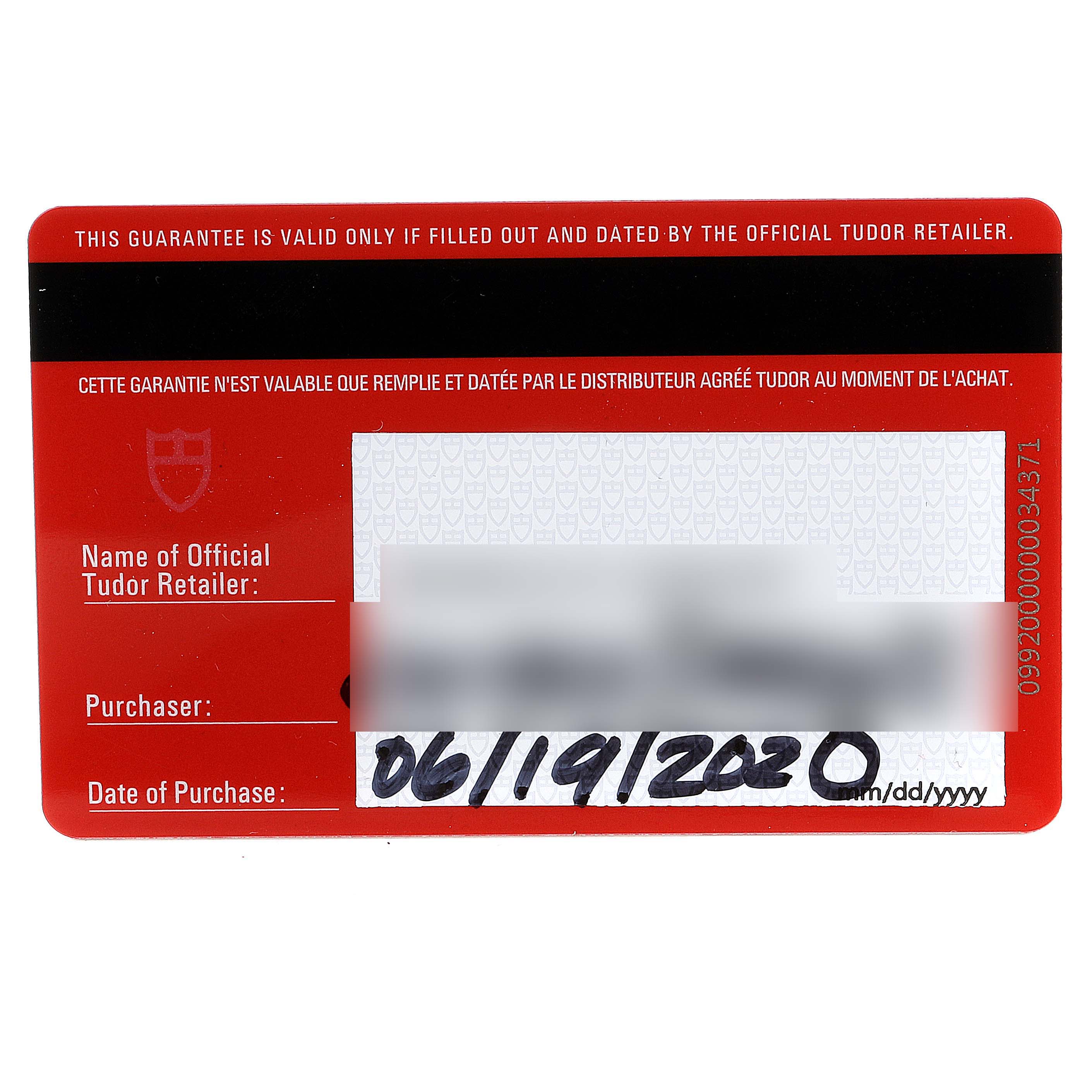 This image shows the guarantee card for the Heritage Black Bay model by Tudor.