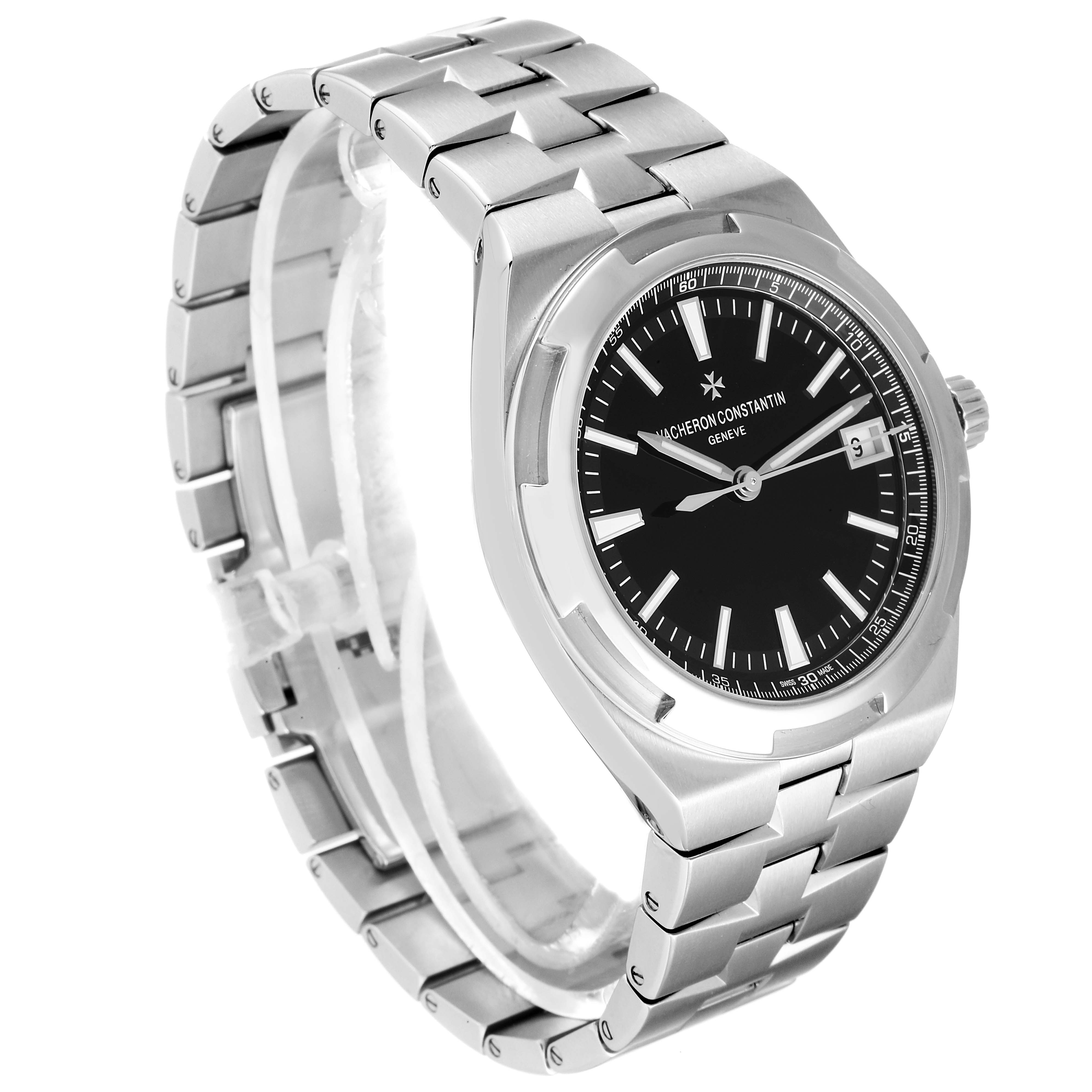 The image shows a Vacheron Constantin Overseas 4500V/110A Men's Stainless Steel Black Dial 4500V/110A Men's Stainless Steel Black Dial watch from a three-quarter angle, highlighting the bracelet, dial, and case.