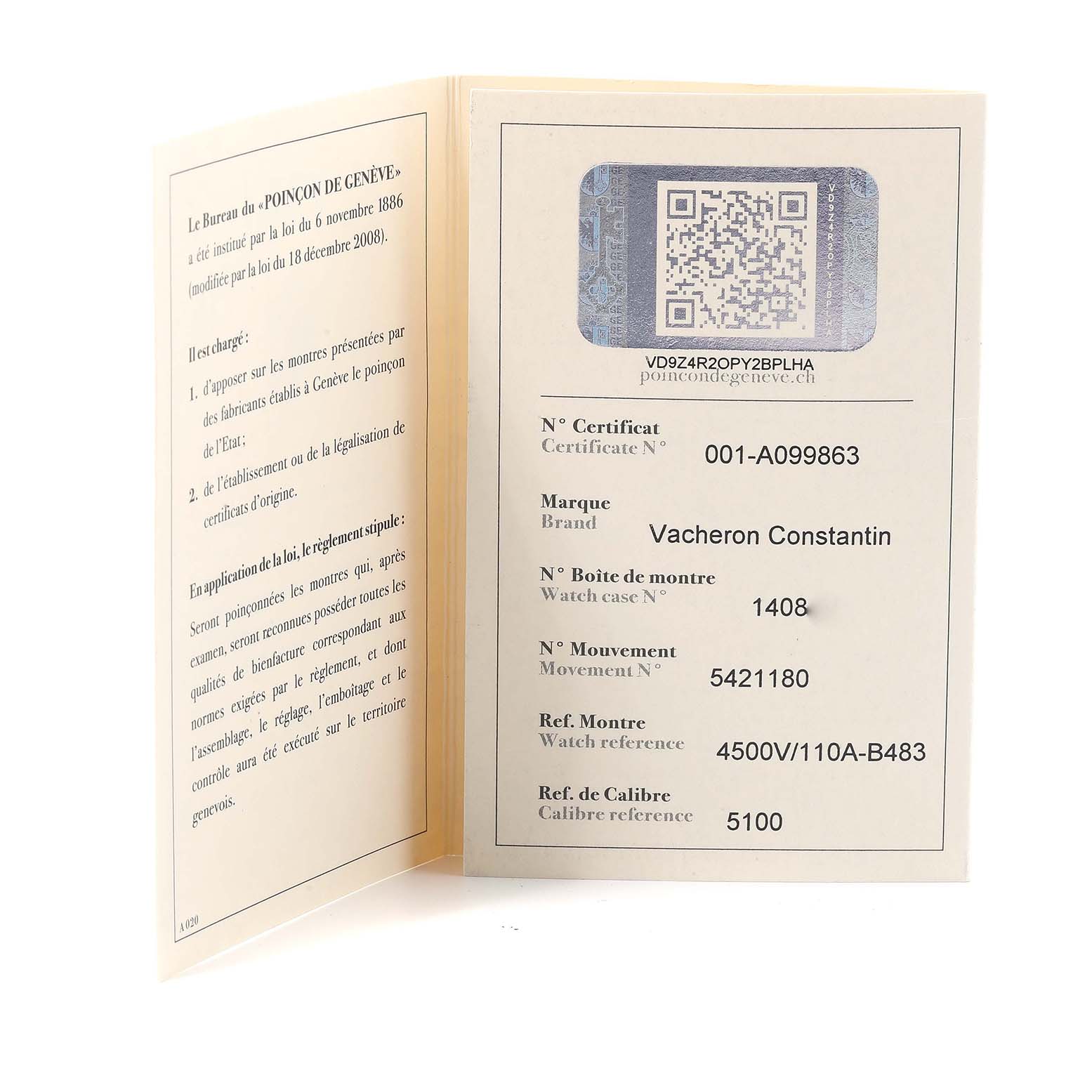 The image shows the certificate booklet for the Vacheron Constantin Overseas 4500V/110A Men's Stainless Steel Black Dial 4500V/110A Men's Stainless Steel Black Dial model, with details like certificate number, watch case number, and movement number visible.