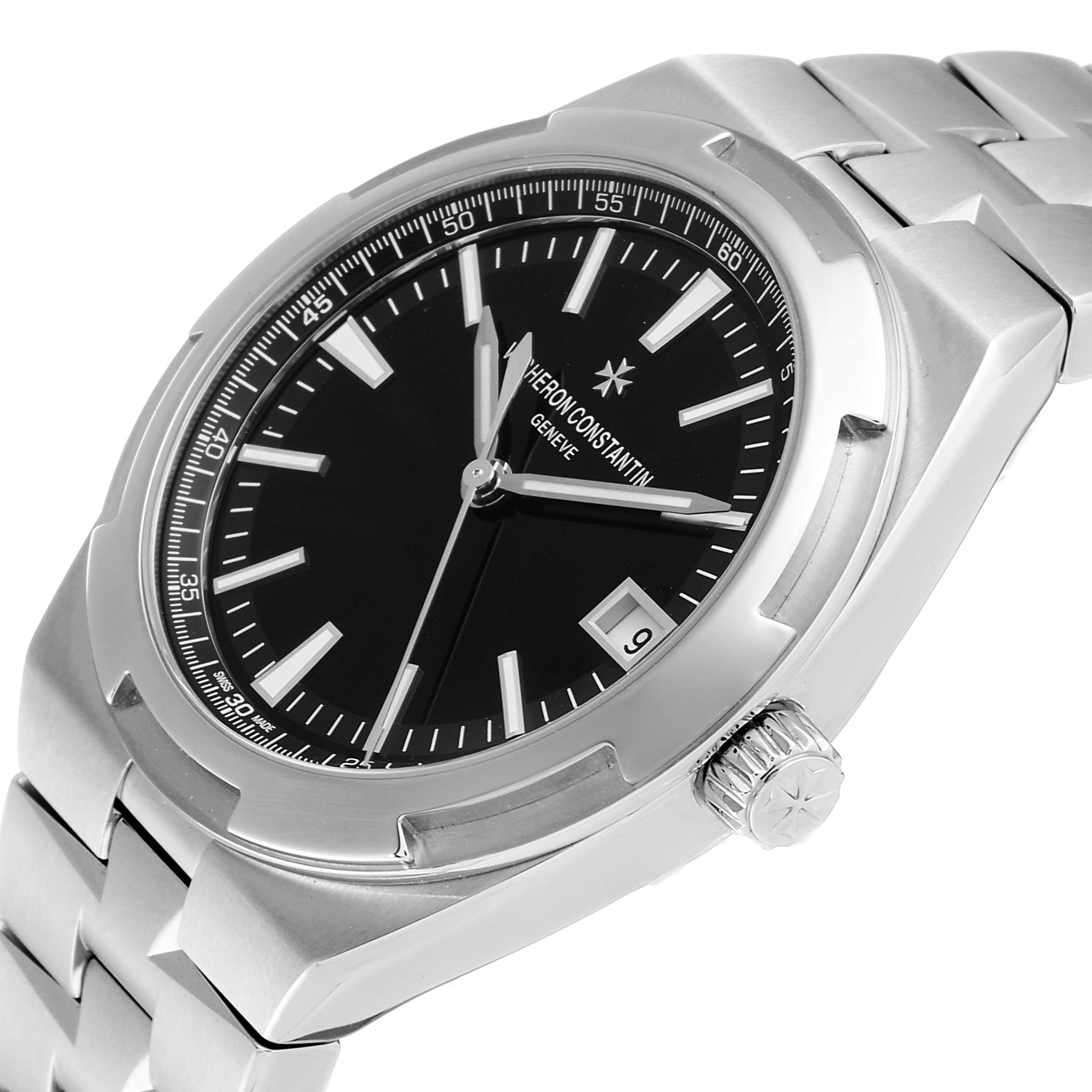 This image shows a side angle view of the Vacheron Constantin Overseas 4500V/110A Men's Stainless Steel Black Dial 4500V/110A Men's Stainless Steel Black Dial watch, highlighting its crown, bracelet, and black dial.