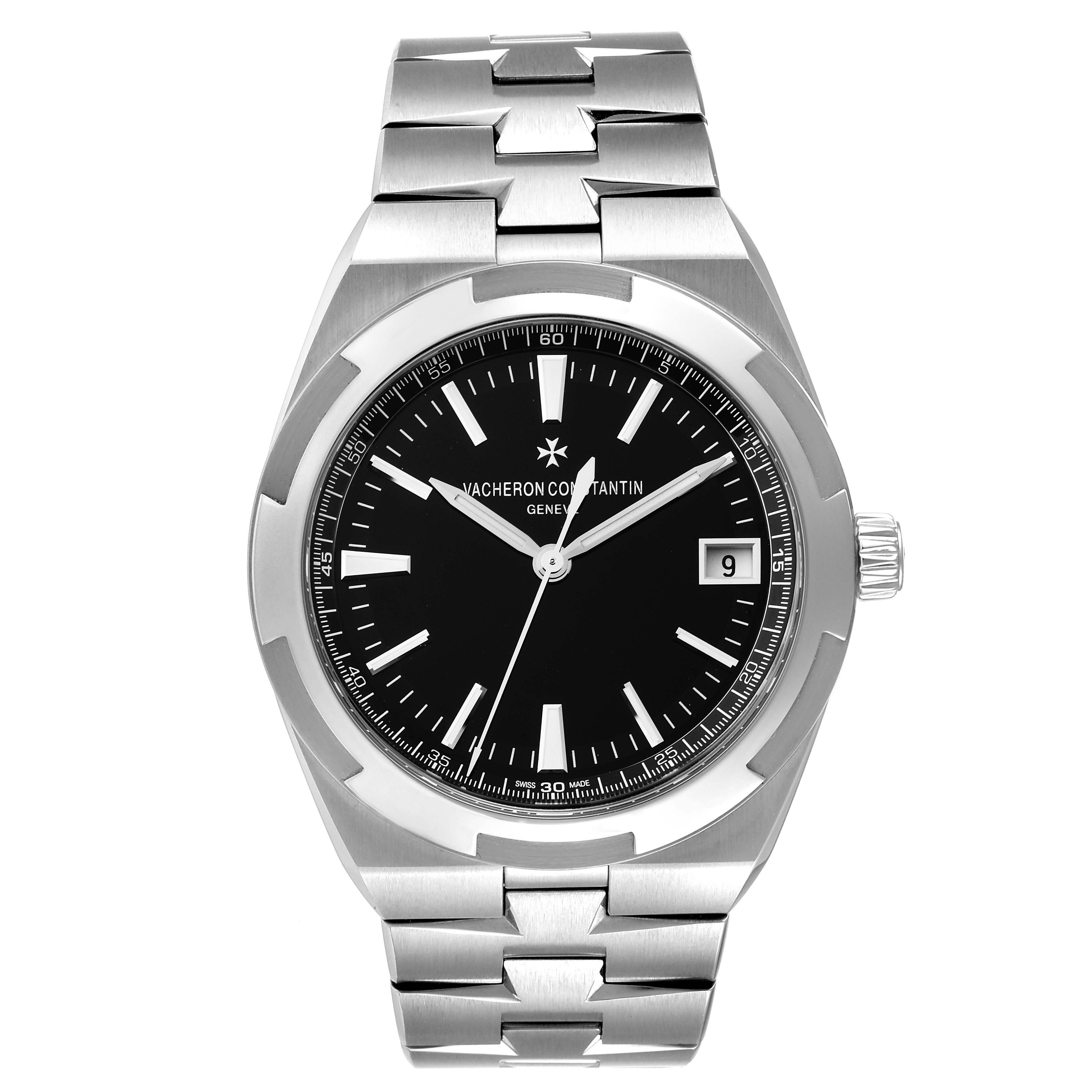 The image shows a Vacheron Constantin Overseas 4500V/110A Men's Stainless Steel Black Dial 4500V/110A Men's Stainless Steel Black Dial watch in a front-facing angle, displaying its dial, hands, and metal bracelet.