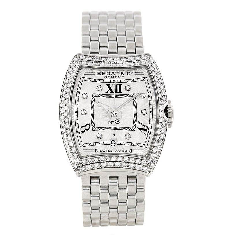 The image shows a top view of the Bedat 314.031.109 Women's Stainless Steel Silver Dial 314.031.109 Women's Stainless Steel Silver Dial No 3 Ladies Stainless Steel Diamond Watch model 314.031.109, highlighting its face and band.