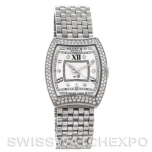 The image shows a frontal view of the Bedat 314.031.109 Women's Stainless Steel Silver Dial 314.031.109 Women's Stainless Steel Silver Dial No. 3 Ladies Stainless Steel Diamond Watch 314.031.109, highlighting its dial, bezel, and bracelet.