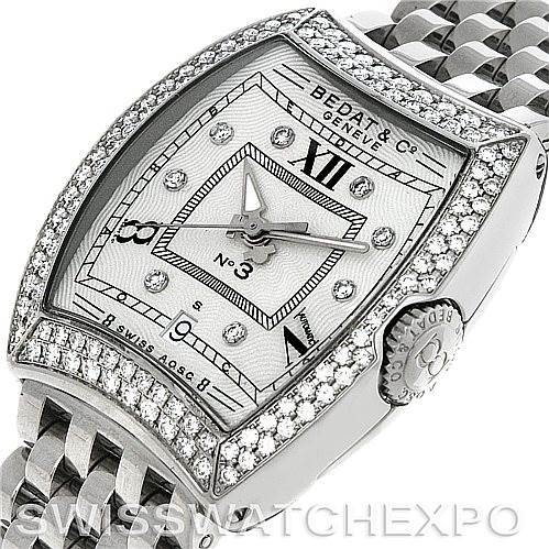 This image shows an angled view of the face and partial bracelet of the Bedat 314.031.109 Women's Stainless Steel Silver Dial 314.031.109 Women's Stainless Steel Silver Dial No. 3 Ladies Stainless Steel Diamond Watch 314.031.109.