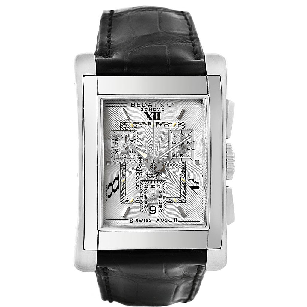 The Bedat 778.010.610 Men's Stainless Steel Silver Dial 778.010.610 Men's Stainless Steel Silver Dial No 7 Stainless Steel Chronograph Watch 778.010.610 is shown from a top-down angle, featuring its face and black leather strap.